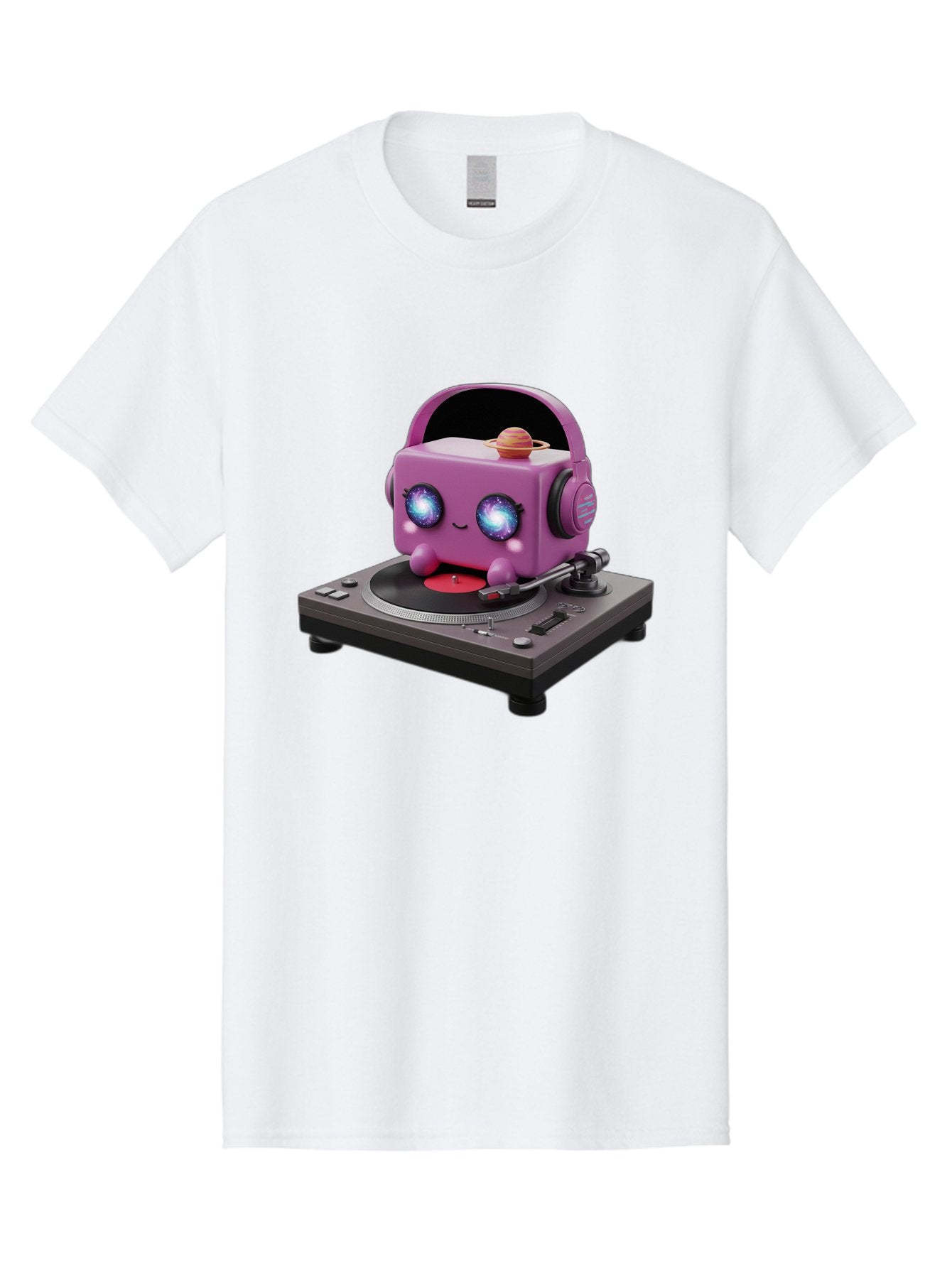 Purple-Robot Men'S Graphic Tee, 100% Cotton, Comfortable Casual Summer Wear, Machine Washable, Purple Robot, Record Player, Vinyl Records, Music Lover, Kawaii Character, Cartoon Robot, Galaxy Eyes, Planet On Head, Headphones, Music Enthusiast, Bad465 7