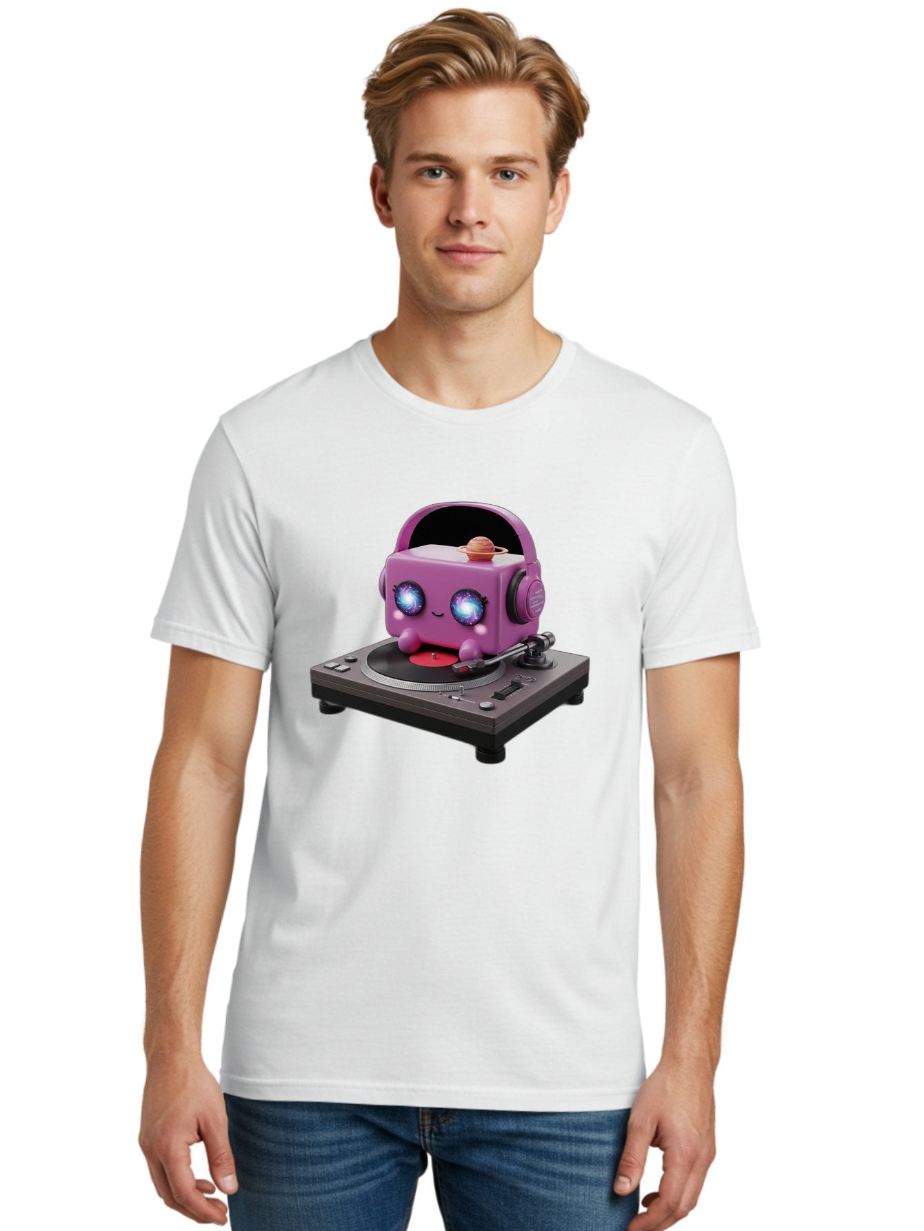Purple-Robot Men'S Graphic Tee, 100% Cotton, Comfortable Casual Summer Wear, Machine Washable, Purple Robot, Record Player, Vinyl Records, Music Lover, Kawaii Character, Cartoon Robot, Galaxy Eyes, Planet On Head, Headphones, Music Enthusiast, Bad465 16