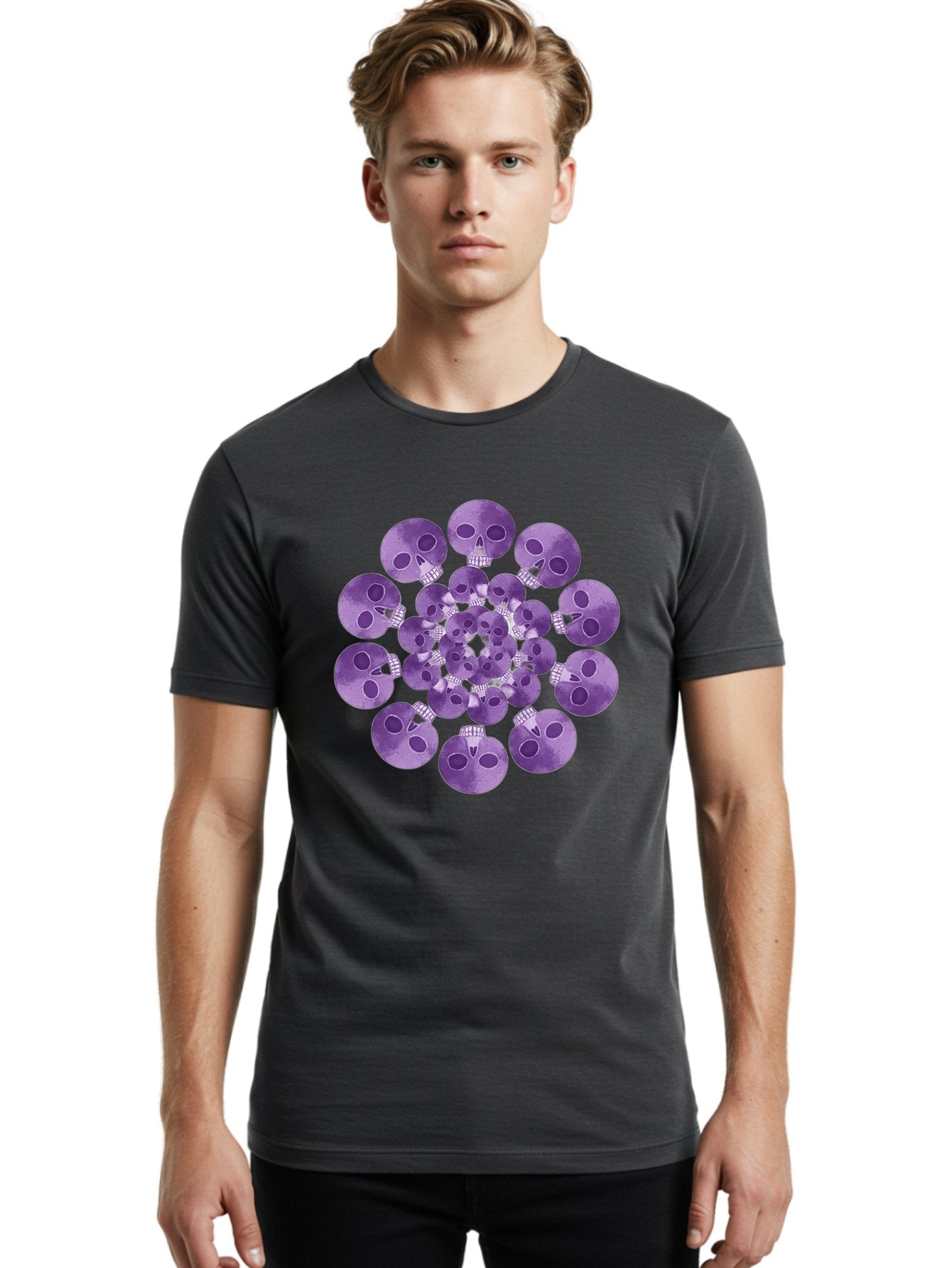 Purple-Skulls Men'S Graphic Tee, 100% Cotton, Comfortable Casual Summer Wear, Machine Washable, Cluster Of Purple Skulls, Skull Illustration, Gothic Art, Skull Design, Purple And White Colors, Skull Pattern, Dark Aesthetic, Grunge Style Bad466 20