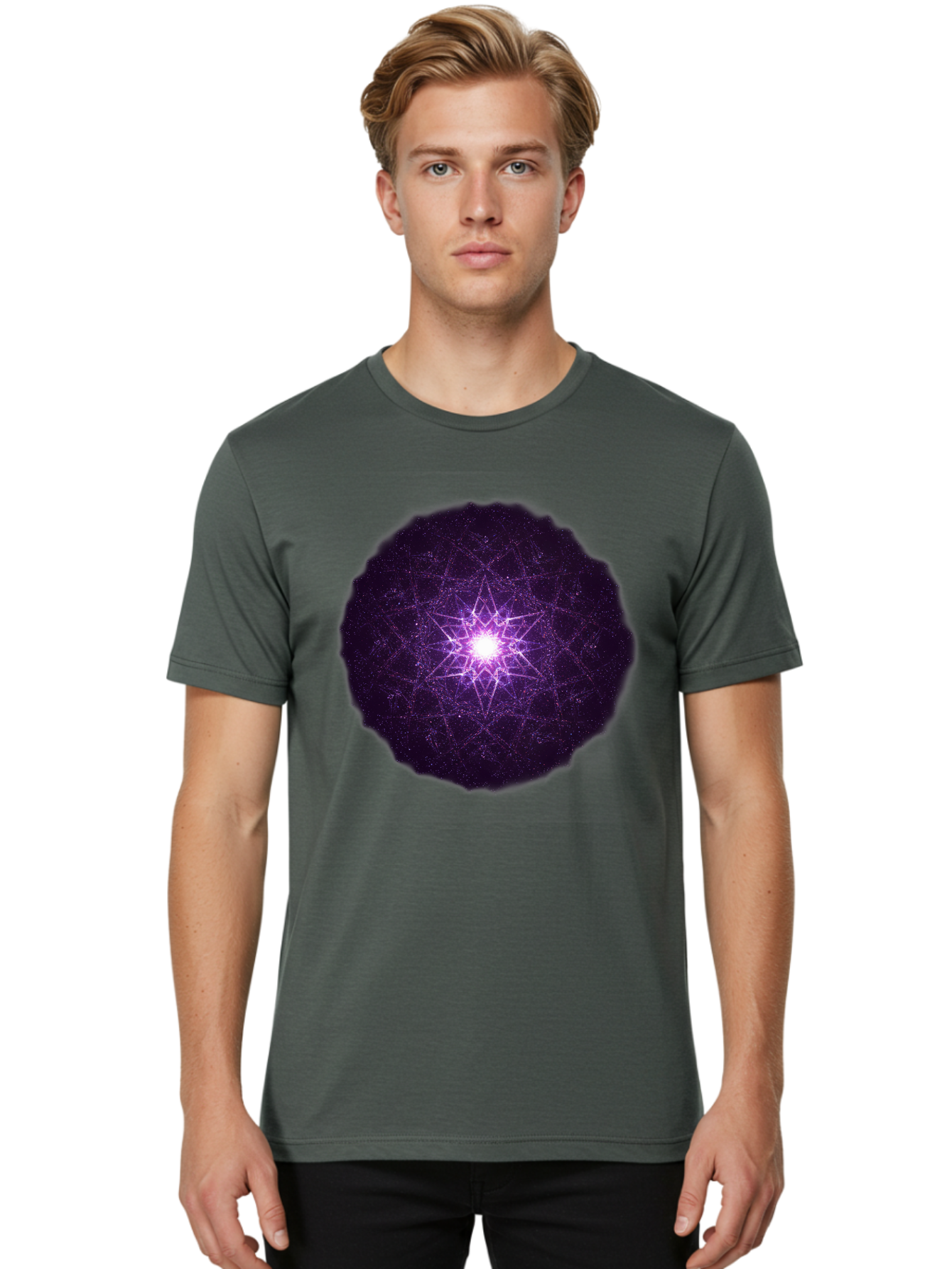 Purple-Star Men'S Graphic Tee, 100% Cotton, Comfortable Casual Summer Wear, Machine Washable, Sacred Geometry, Purple Star, Mystical Symbol, Spiritual Pattern, Geometric Shape, Celestial Body, Starburst, Mandala, Abstract Art, Cosmic Energy Bad467 24