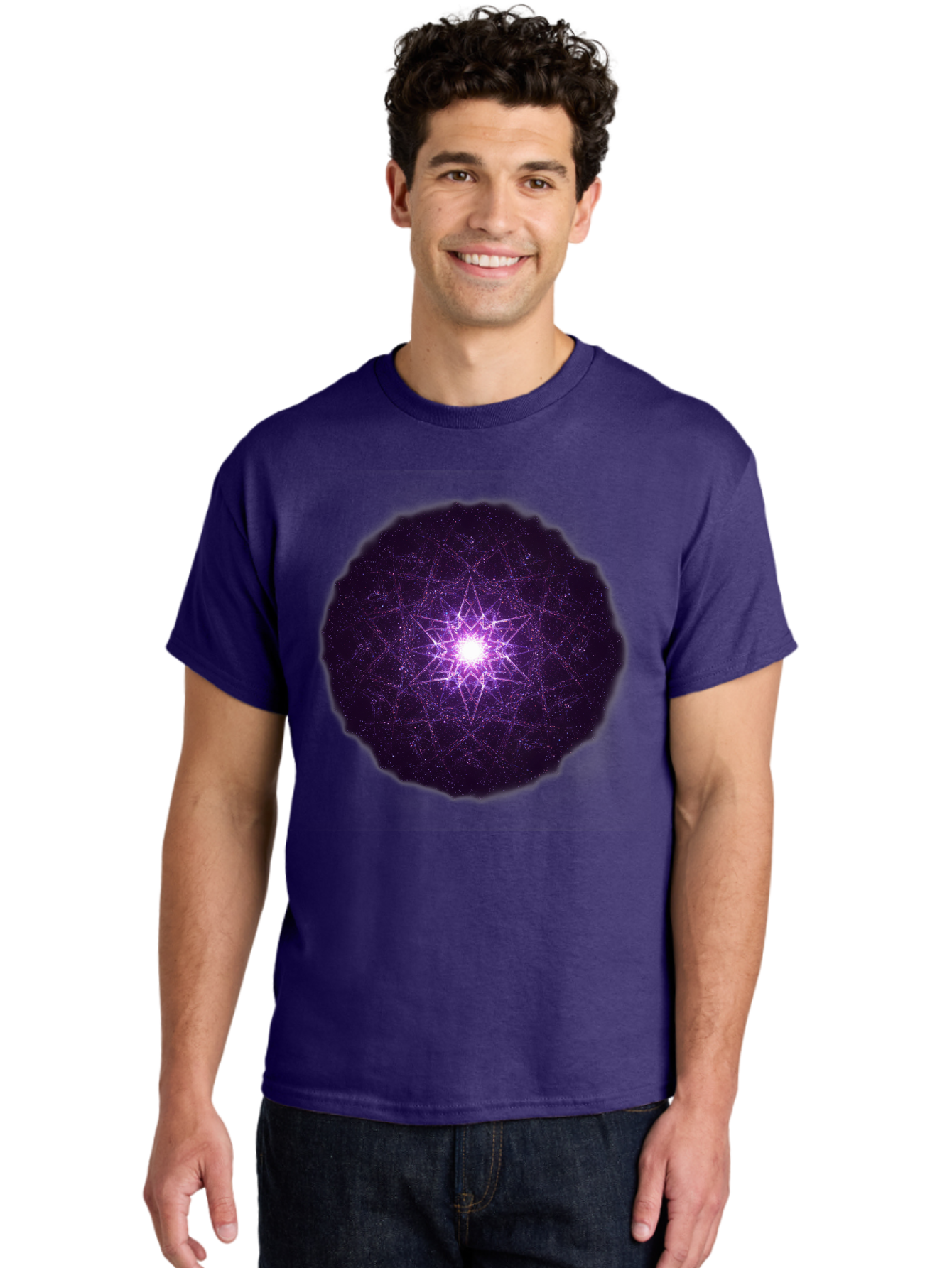 Purple-Star Men'S Graphic Tee, 100% Cotton, Comfortable Casual Summer Wear, Machine Washable, Sacred Geometry, Purple Star, Mystical Symbol, Spiritual Pattern, Geometric Shape, Celestial Body, Starburst, Mandala, Abstract Art, Cosmic Energy Bad467 28