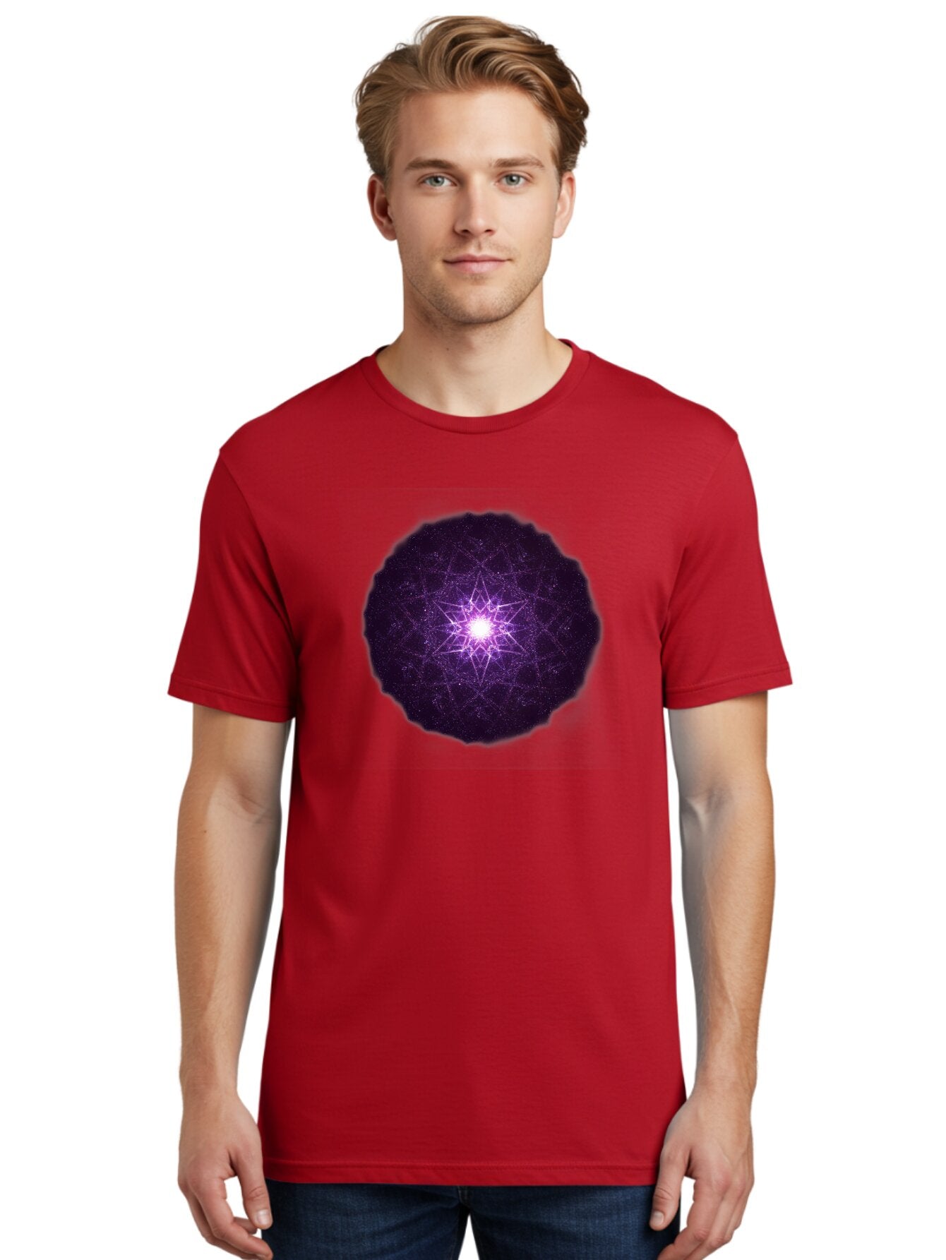 Purple-Star Men'S Graphic Tee, 100% Cotton, Comfortable Casual Summer Wear, Machine Washable, Sacred Geometry, Purple Star, Mystical Symbol, Spiritual Pattern, Geometric Shape, Celestial Body, Starburst, Mandala, Abstract Art, Cosmic Energy Bad467 30
