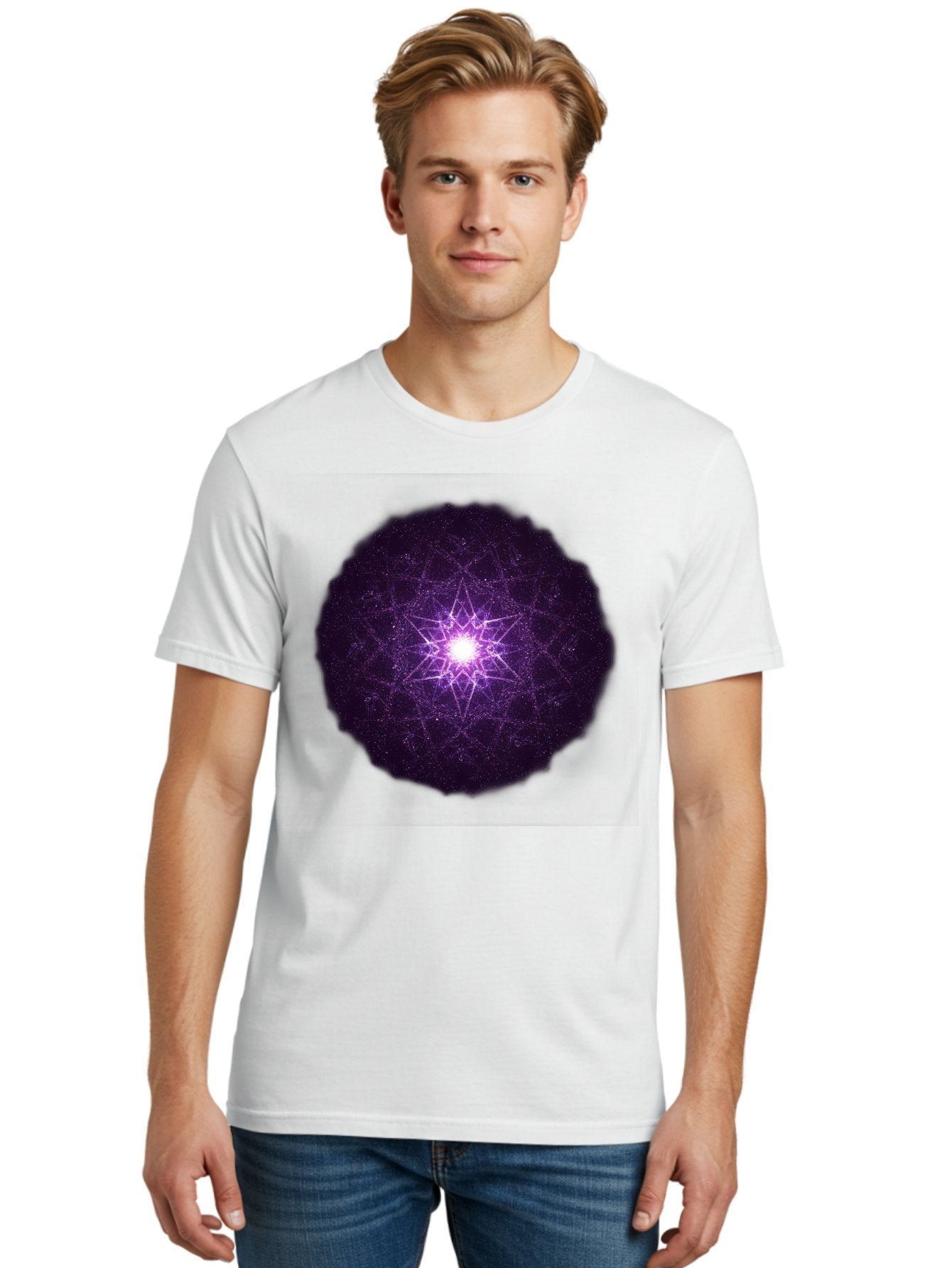 Purple-Star Men'S Graphic Tee, 100% Cotton, Comfortable Casual Summer Wear, Machine Washable, Sacred Geometry, Purple Star, Mystical Symbol, Spiritual Pattern, Geometric Shape, Celestial Body, Starburst, Mandala, Abstract Art, Cosmic Energy Bad467 27
