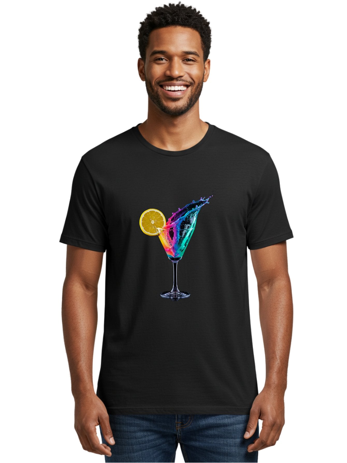 Rainbow-Cocktail Men'S Graphic Tee, 100% Cotton, Comfortable Casual Summer Wear, Machine Washable, Colorful Cocktail, Vibrant Drink, Splash Art, Orange Slice Garnish, Creative Mixology, Refreshing Beverage, Nightlife Ambiance, Party Drink Bad468 29