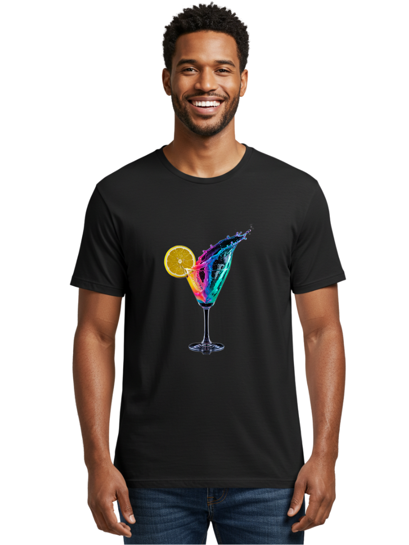 Rainbow-Cocktail Men'S Graphic Tee, 100% Cotton, Comfortable Casual Summer Wear, Machine Washable, Colorful Cocktail, Vibrant Drink, Splash Art, Orange Slice Garnish, Creative Mixology, Refreshing Beverage, Nightlife Ambiance, Party Drink Bad468 17
