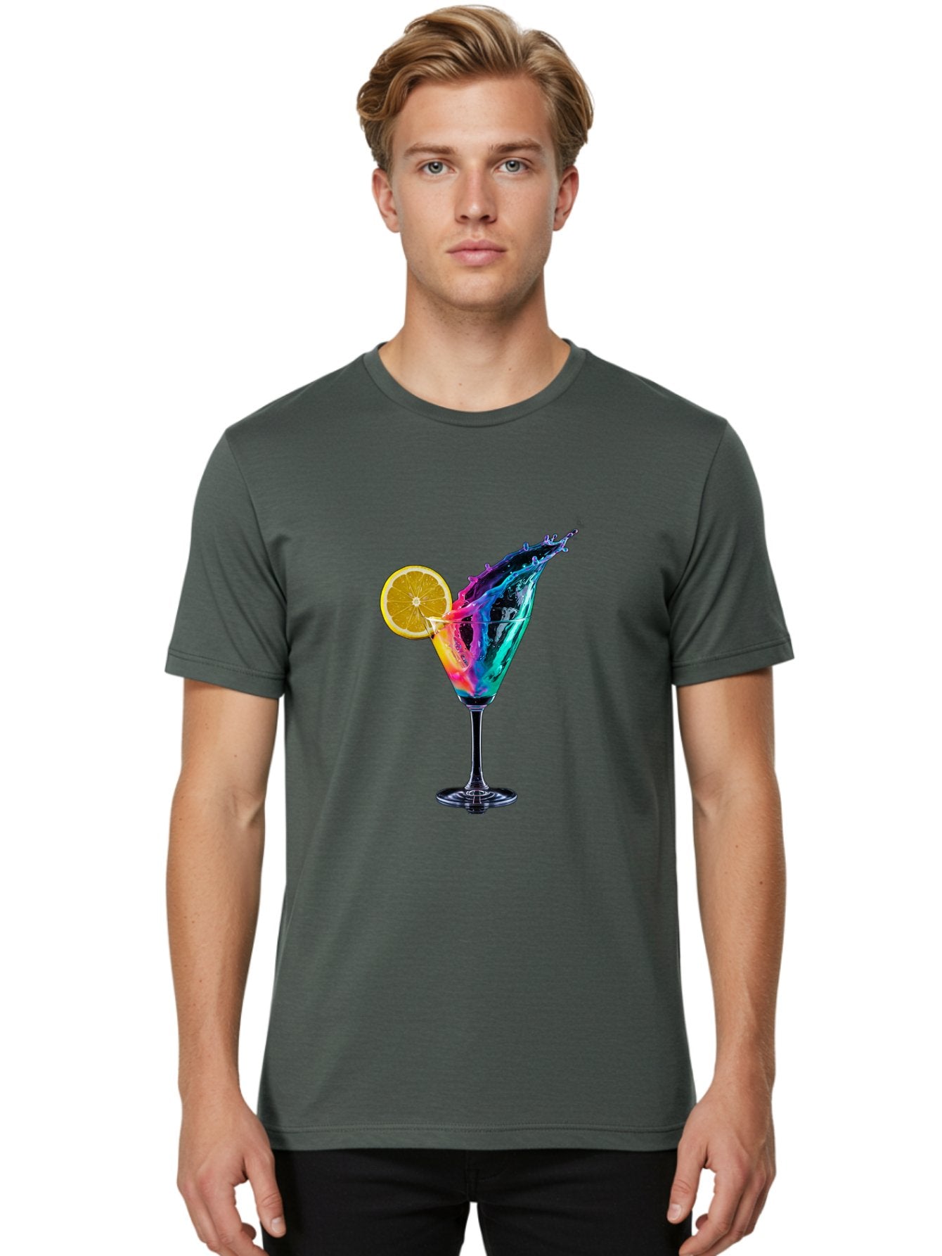 Rainbow-Cocktail Men'S Graphic Tee, 100% Cotton, Comfortable Casual Summer Wear, Machine Washable, Colorful Cocktail, Vibrant Drink, Splash Art, Orange Slice Garnish, Creative Mixology, Refreshing Beverage, Nightlife Ambiance, Party Drink Bad468 30