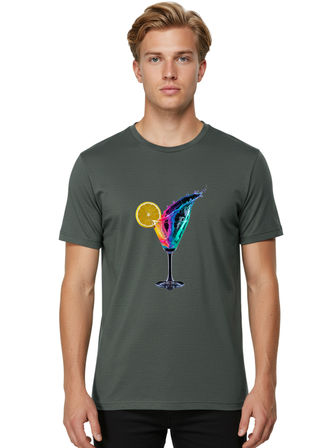 Rainbow-Cocktail Men'S Graphic Tee, 100% Cotton, Comfortable Casual Summer Wear, Machine Washable, Colorful Cocktail, Vibrant Drink, Splash Art, Orange Slice Garnish, Creative Mixology, Refreshing Beverage, Nightlife Ambiance, Party Drink Bad468 16