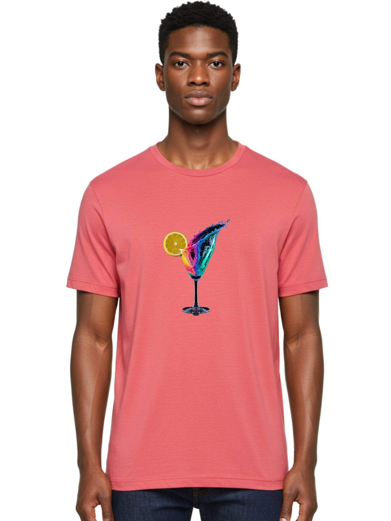 Rainbow-Cocktail Men'S Graphic Tee, 100% Cotton, Comfortable Casual Summer Wear, Machine Washable, Colorful Cocktail, Vibrant Drink, Splash Art, Orange Slice Garnish, Creative Mixology, Refreshing Beverage, Nightlife Ambiance, Party Drink Bad468 24