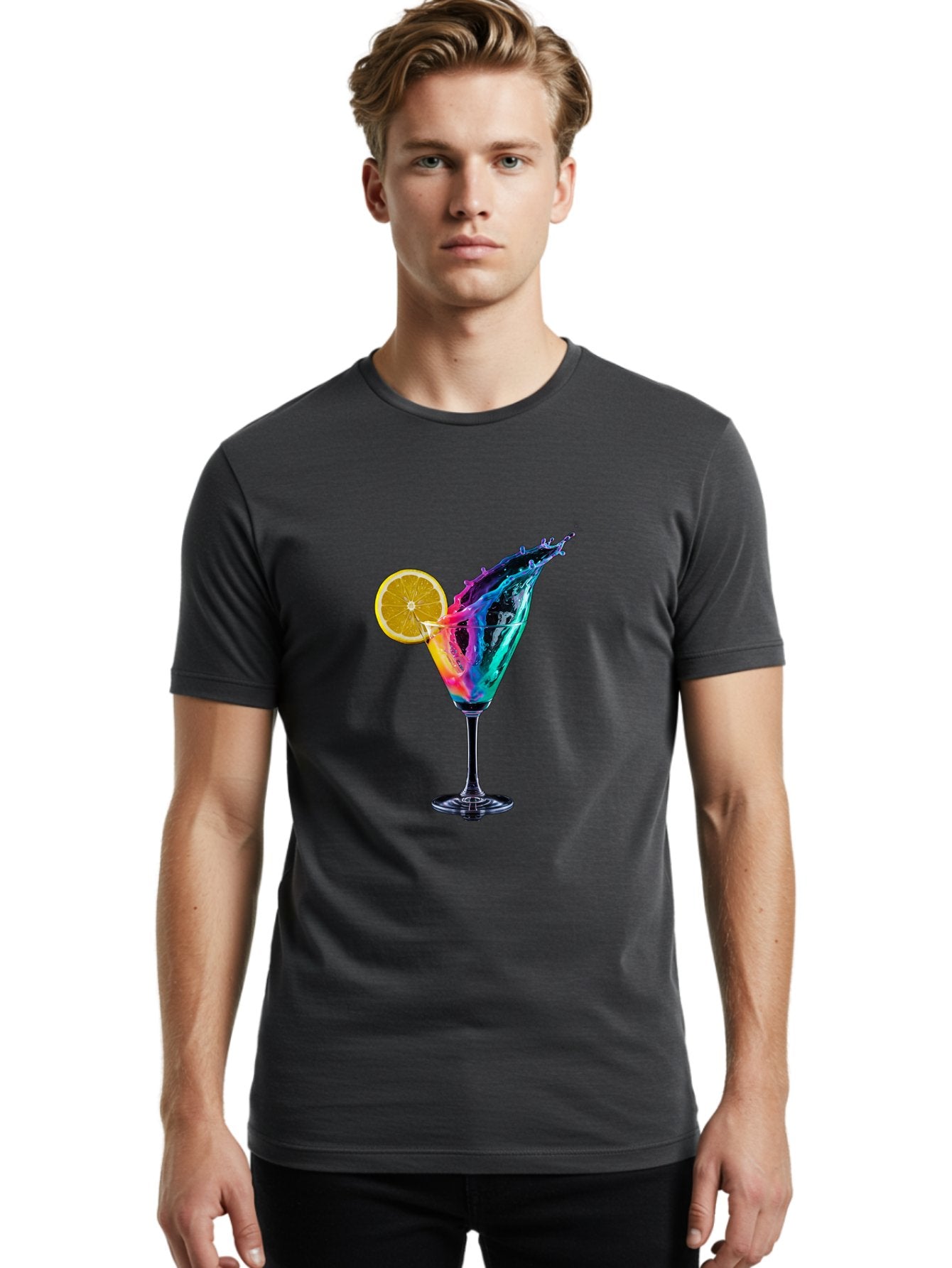 Rainbow-Cocktail Men'S Graphic Tee, 100% Cotton, Comfortable Casual Summer Wear, Machine Washable, Colorful Cocktail, Vibrant Drink, Splash Art, Orange Slice Garnish, Creative Mixology, Refreshing Beverage, Nightlife Ambiance, Party Drink Bad468 27