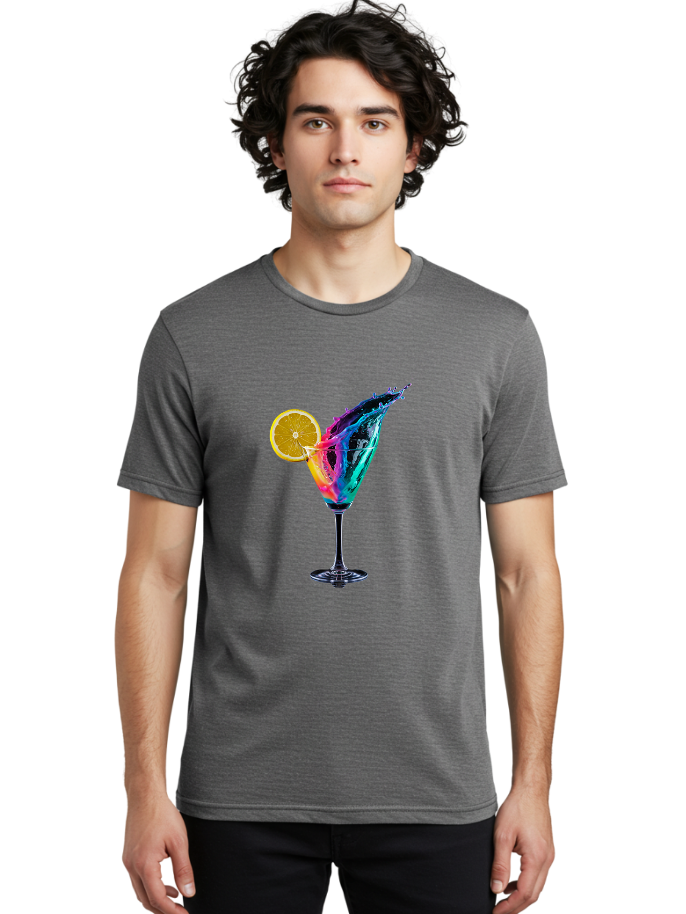 Rainbow-Cocktail Men'S Graphic Tee, 100% Cotton, Comfortable Casual Summer Wear, Machine Washable, Colorful Cocktail, Vibrant Drink, Splash Art, Orange Slice Garnish, Creative Mixology, Refreshing Beverage, Nightlife Ambiance, Party Drink Bad468 24