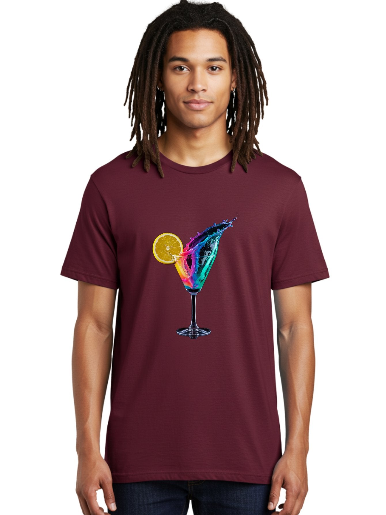Rainbow-Cocktail Men'S Graphic Tee, 100% Cotton, Comfortable Casual Summer Wear, Machine Washable, Colorful Cocktail, Vibrant Drink, Splash Art, Orange Slice Garnish, Creative Mixology, Refreshing Beverage, Nightlife Ambiance, Party Drink Bad468 16