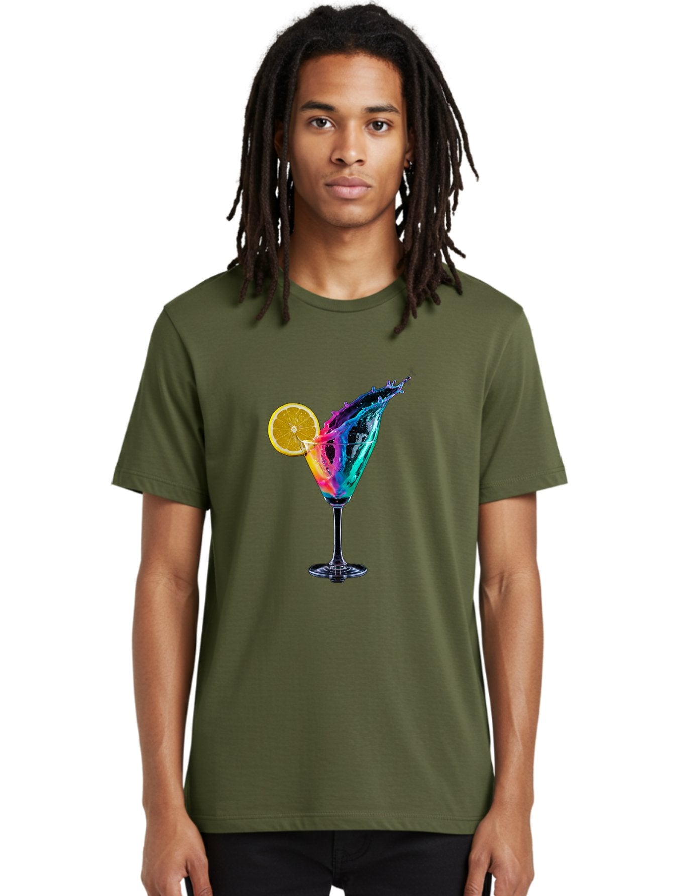 Rainbow-Cocktail Men'S Graphic Tee, 100% Cotton, Comfortable Casual Summer Wear, Machine Washable, Colorful Cocktail, Vibrant Drink, Splash Art, Orange Slice Garnish, Creative Mixology, Refreshing Beverage, Nightlife Ambiance, Party Drink Bad468 17