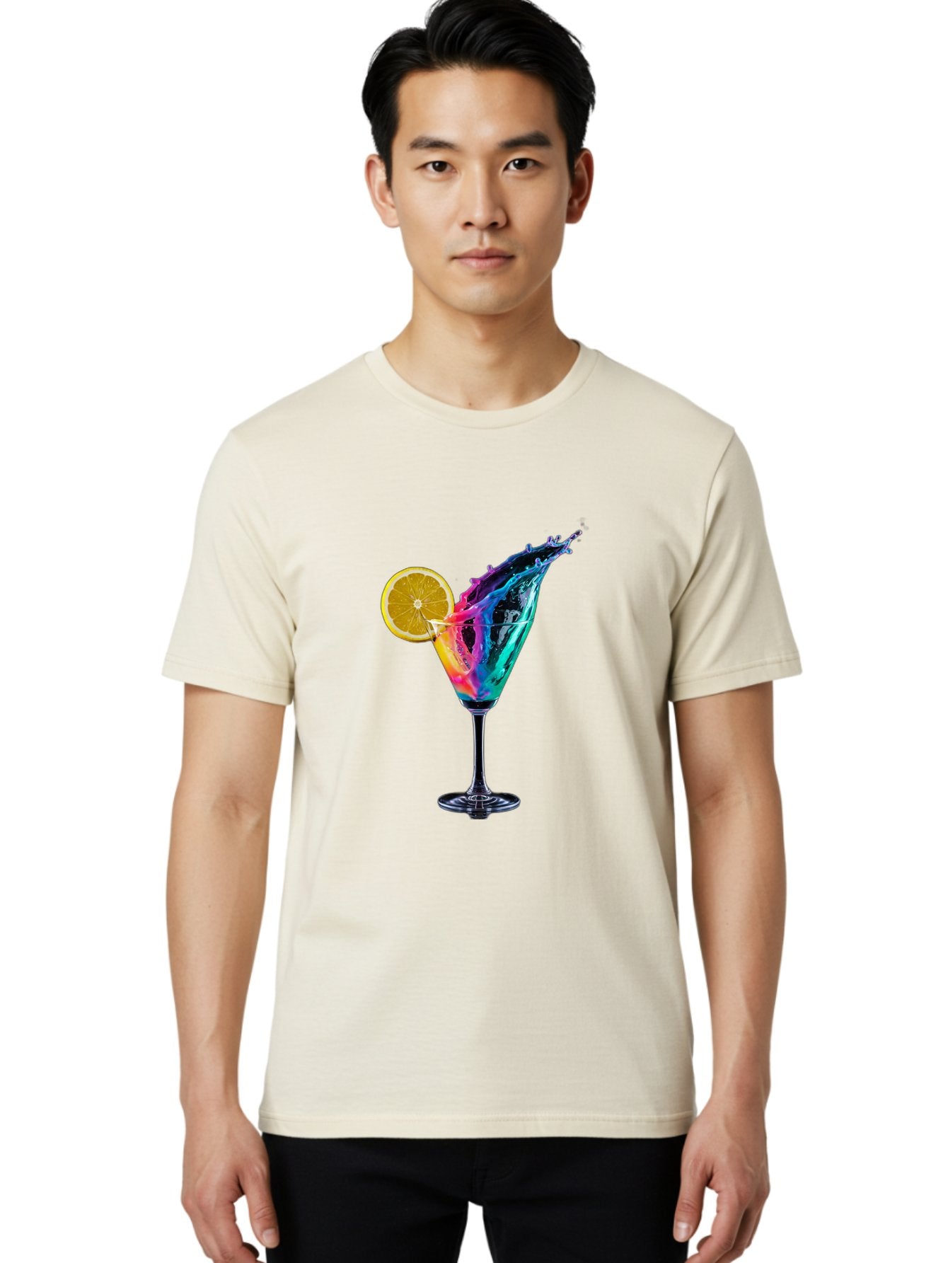 Rainbow-Cocktail Men'S Graphic Tee, 100% Cotton, Comfortable Casual Summer Wear, Machine Washable, Colorful Cocktail, Vibrant Drink, Splash Art, Orange Slice Garnish, Creative Mixology, Refreshing Beverage, Nightlife Ambiance, Party Drink Bad468 21