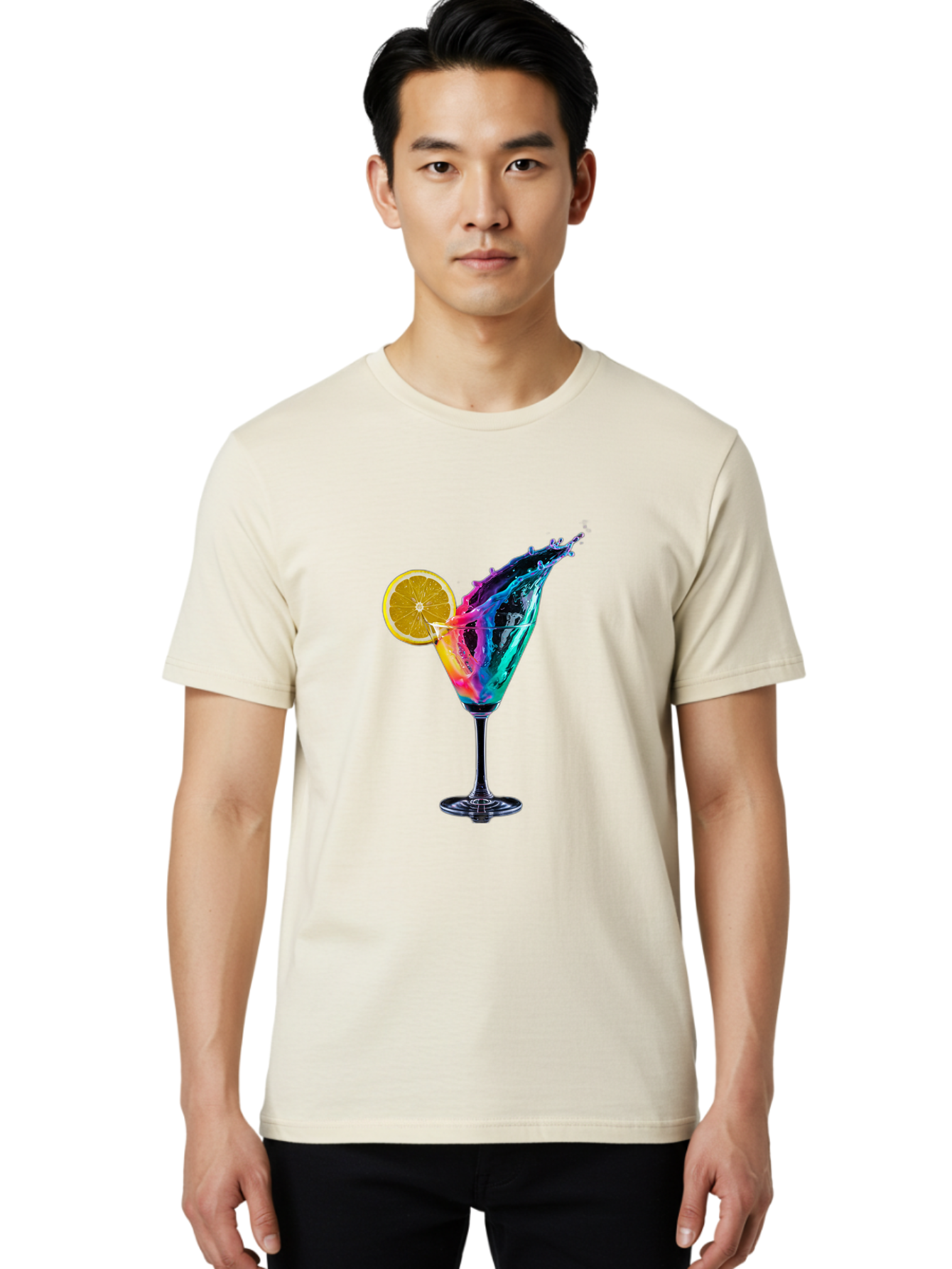 Rainbow-Cocktail Men'S Graphic Tee, 100% Cotton, Comfortable Casual Summer Wear, Machine Washable, Colorful Cocktail, Vibrant Drink, Splash Art, Orange Slice Garnish, Creative Mixology, Refreshing Beverage, Nightlife Ambiance, Party Drink Bad468 25