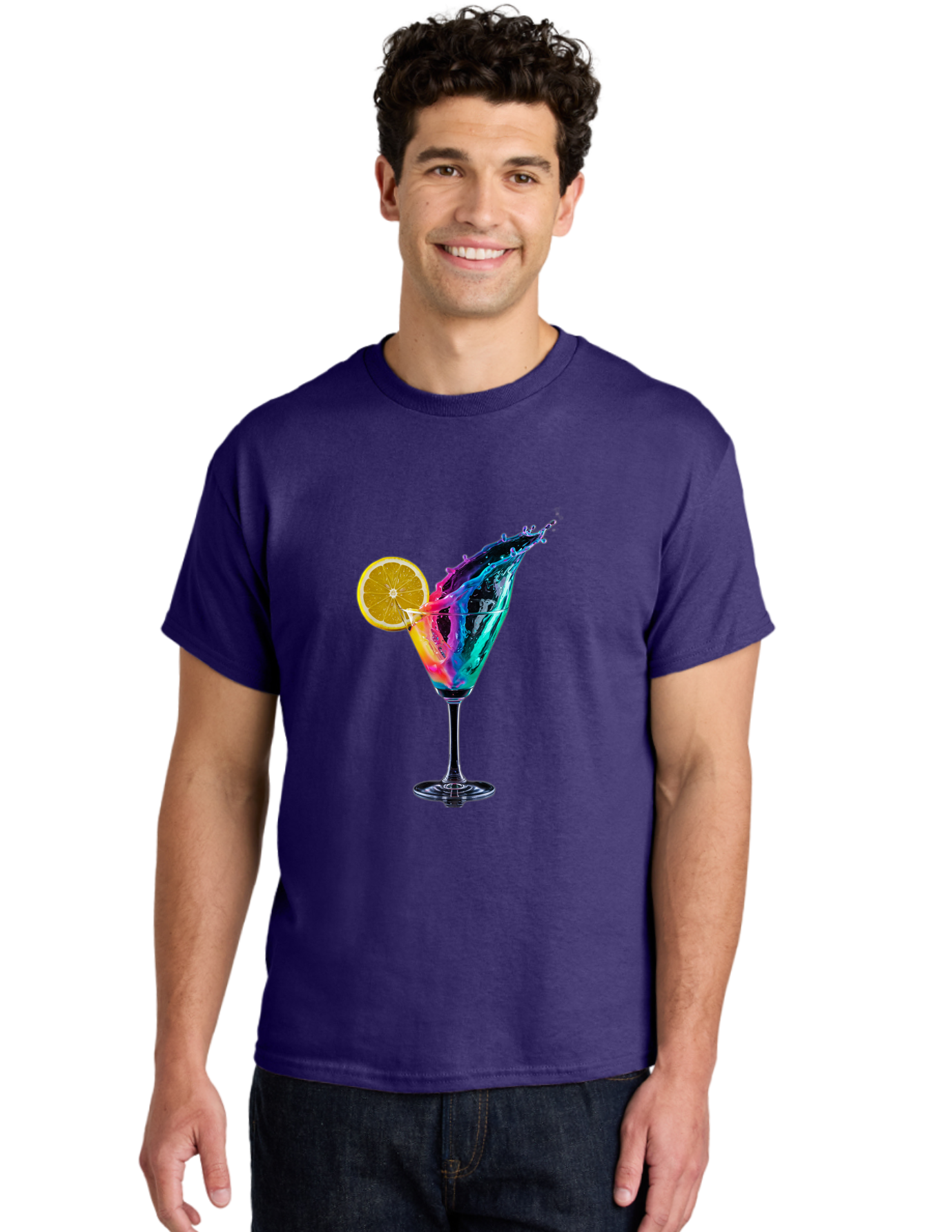 Rainbow-Cocktail Men'S Graphic Tee, 100% Cotton, Comfortable Casual Summer Wear, Machine Washable, Colorful Cocktail, Vibrant Drink, Splash Art, Orange Slice Garnish, Creative Mixology, Refreshing Beverage, Nightlife Ambiance, Party Drink Bad468 18
