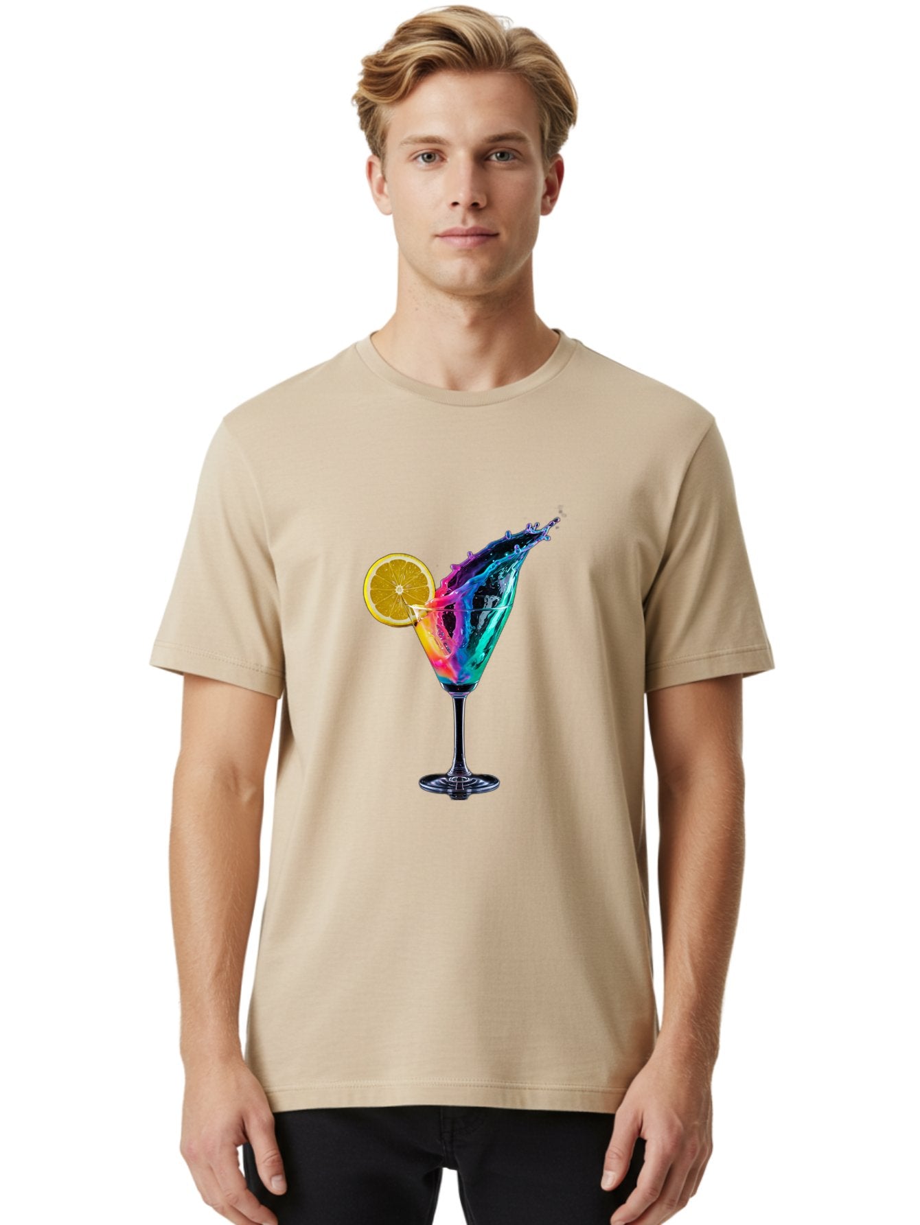 Rainbow-Cocktail Men'S Graphic Tee, 100% Cotton, Comfortable Casual Summer Wear, Machine Washable, Colorful Cocktail, Vibrant Drink, Splash Art, Orange Slice Garnish, Creative Mixology, Refreshing Beverage, Nightlife Ambiance, Party Drink Bad468 25