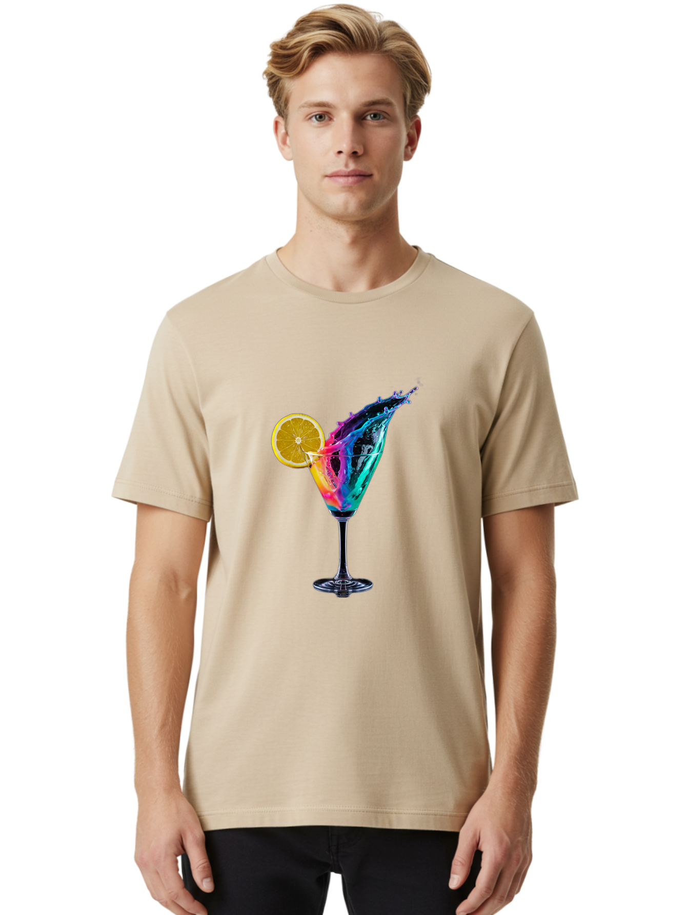 Rainbow-Cocktail Men'S Graphic Tee, 100% Cotton, Comfortable Casual Summer Wear, Machine Washable, Colorful Cocktail, Vibrant Drink, Splash Art, Orange Slice Garnish, Creative Mixology, Refreshing Beverage, Nightlife Ambiance, Party Drink Bad468 21