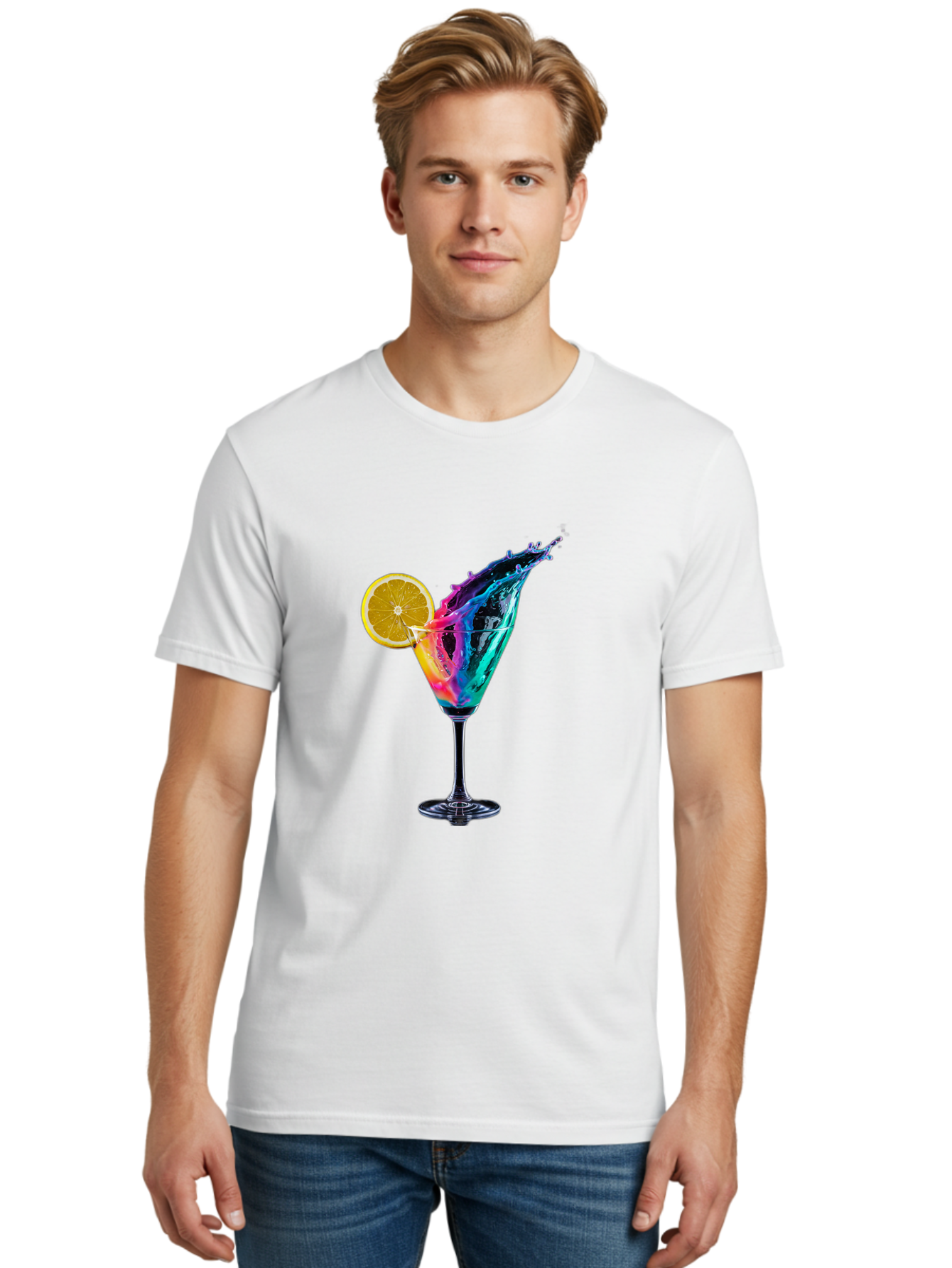 Rainbow-Cocktail Men'S Graphic Tee, 100% Cotton, Comfortable Casual Summer Wear, Machine Washable, Colorful Cocktail, Vibrant Drink, Splash Art, Orange Slice Garnish, Creative Mixology, Refreshing Beverage, Nightlife Ambiance, Party Drink Bad468 23