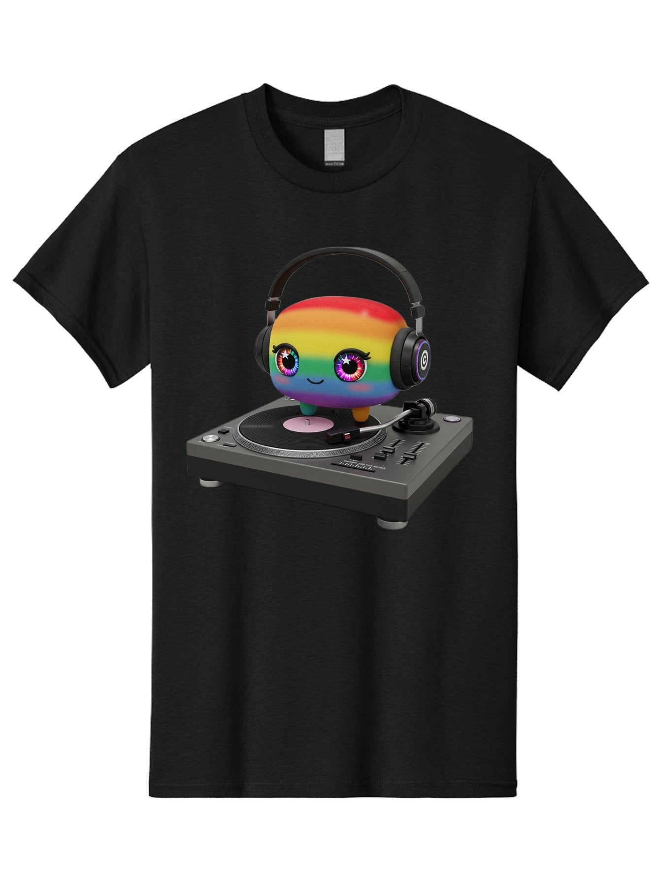 Rainbow-Kawaii-Dj Men'S Graphic Tee, 100% Cotton, Comfortable Casual Summer Wear, Machine Washable, Rainbow-Colored Emoji, Djing With Headphones, Vinyl Record Player, Music Production, Colorful Character, Playful Illustration, 3D Art, Bad469 5