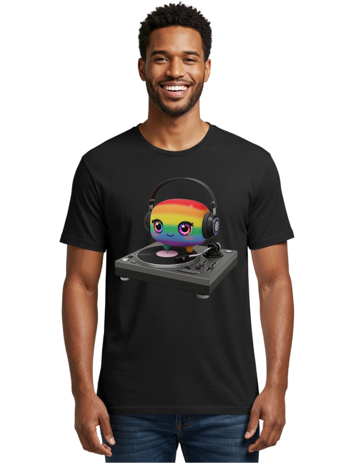 Rainbow-Kawaii-Dj Men'S Graphic Tee, 100% Cotton, Comfortable Casual Summer Wear, Machine Washable, Rainbow-Colored Emoji, Djing With Headphones, Vinyl Record Player, Music Production, Colorful Character, Playful Illustration, 3D Art, Bad469 23
