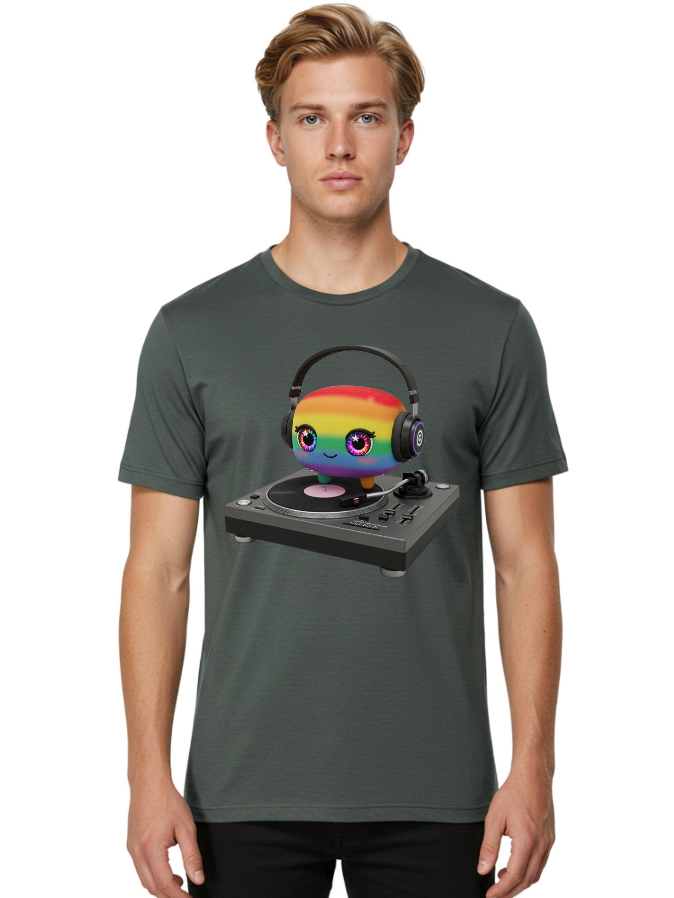 Rainbow-Kawaii-Dj Men'S Graphic Tee, 100% Cotton, Comfortable Casual Summer Wear, Machine Washable, Rainbow-Colored Emoji, Djing With Headphones, Vinyl Record Player, Music Production, Colorful Character, Playful Illustration, 3D Art, Bad469 28