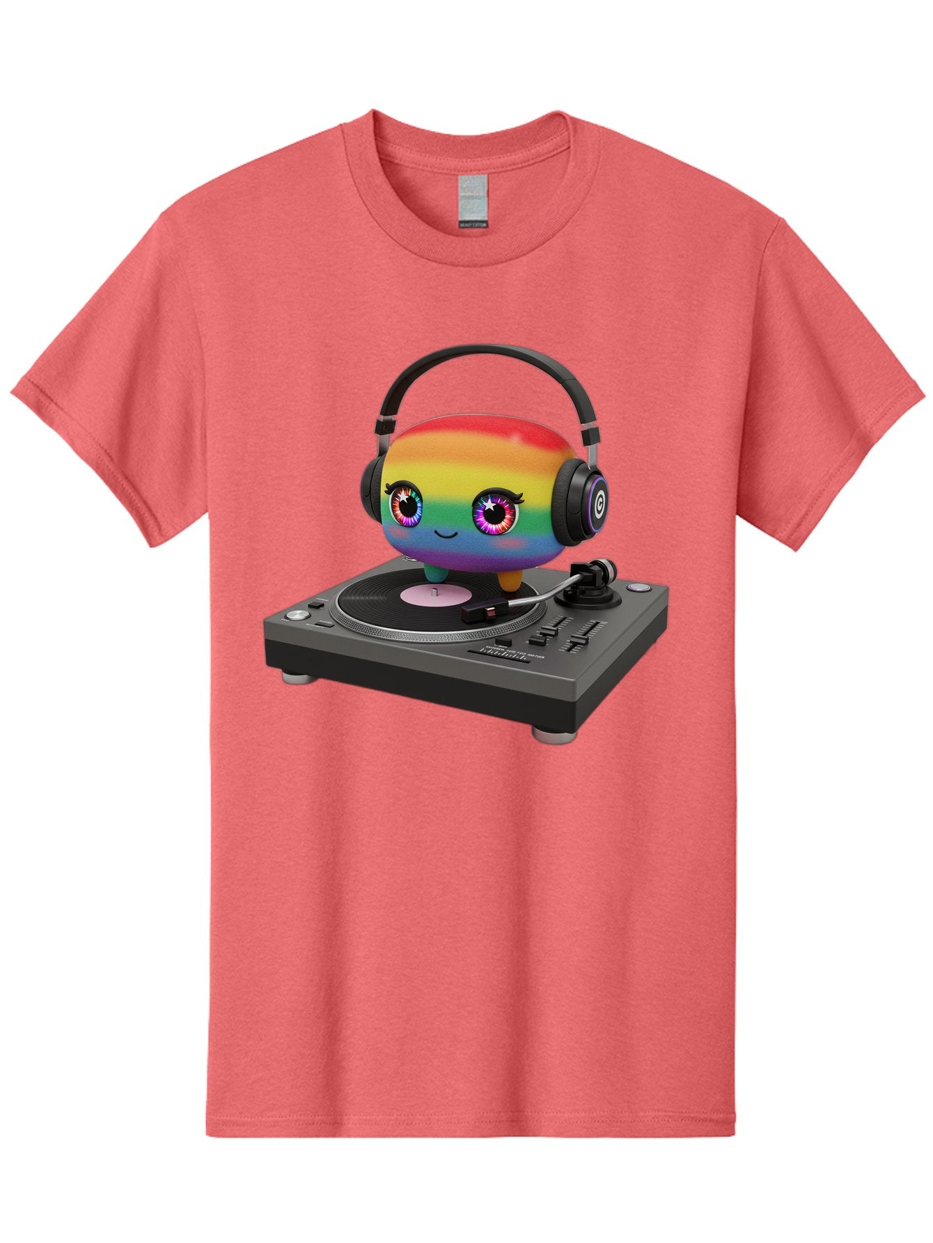 Rainbow-Kawaii-Dj Men'S Graphic Tee, 100% Cotton, Comfortable Casual Summer Wear, Machine Washable, Rainbow-Colored Emoji, Djing With Headphones, Vinyl Record Player, Music Production, Colorful Character, Playful Illustration, 3D Art, Bad469 4