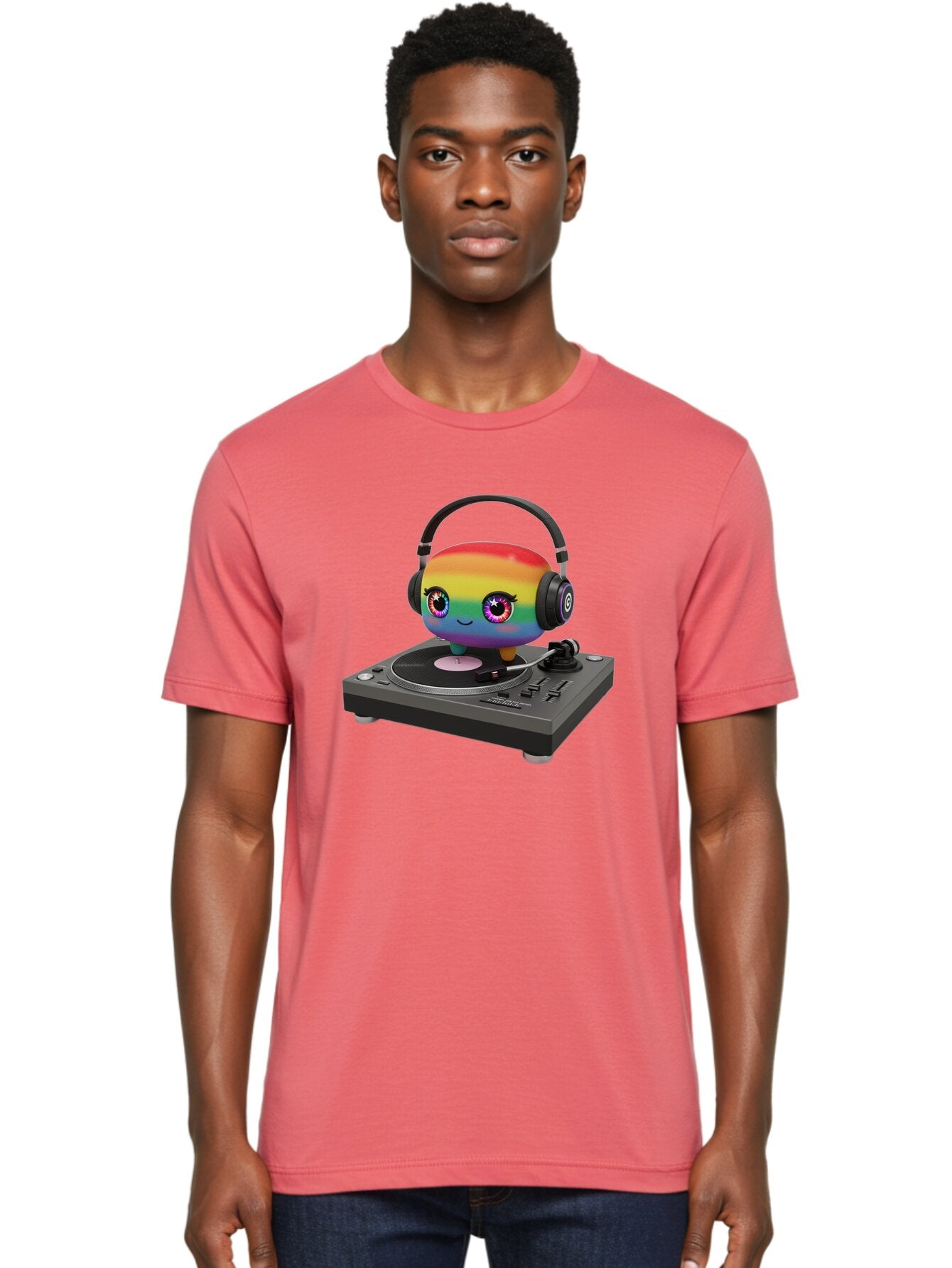 Rainbow-Kawaii-Dj Men'S Graphic Tee, 100% Cotton, Comfortable Casual Summer Wear, Machine Washable, Rainbow-Colored Emoji, Djing With Headphones, Vinyl Record Player, Music Production, Colorful Character, Playful Illustration, 3D Art, Bad469 18