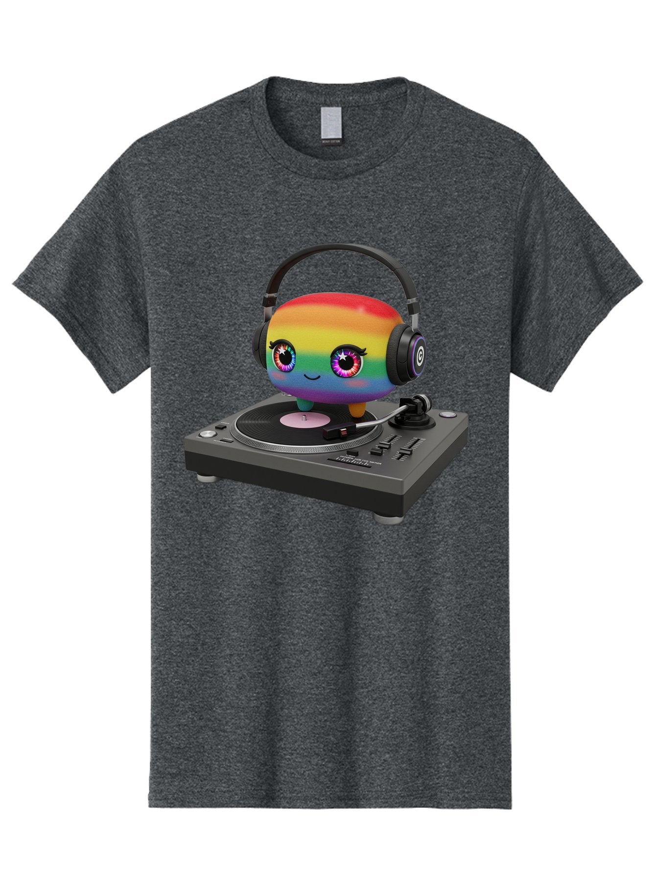 Rainbow-Kawaii-Dj Men'S Graphic Tee, 100% Cotton, Comfortable Casual Summer Wear, Machine Washable, Rainbow-Colored Emoji, Djing With Headphones, Vinyl Record Player, Music Production, Colorful Character, Playful Illustration, 3D Art, Bad469