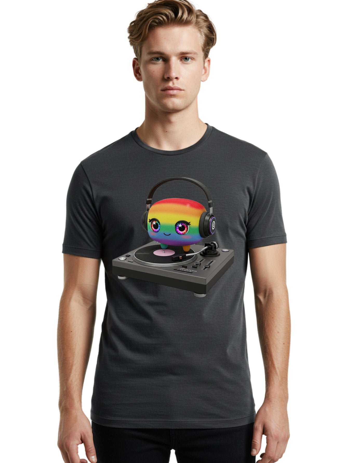 Rainbow-Kawaii-Dj Men'S Graphic Tee, 100% Cotton, Comfortable Casual Summer Wear, Machine Washable, Rainbow-Colored Emoji, Djing With Headphones, Vinyl Record Player, Music Production, Colorful Character, Playful Illustration, 3D Art, Bad469 21