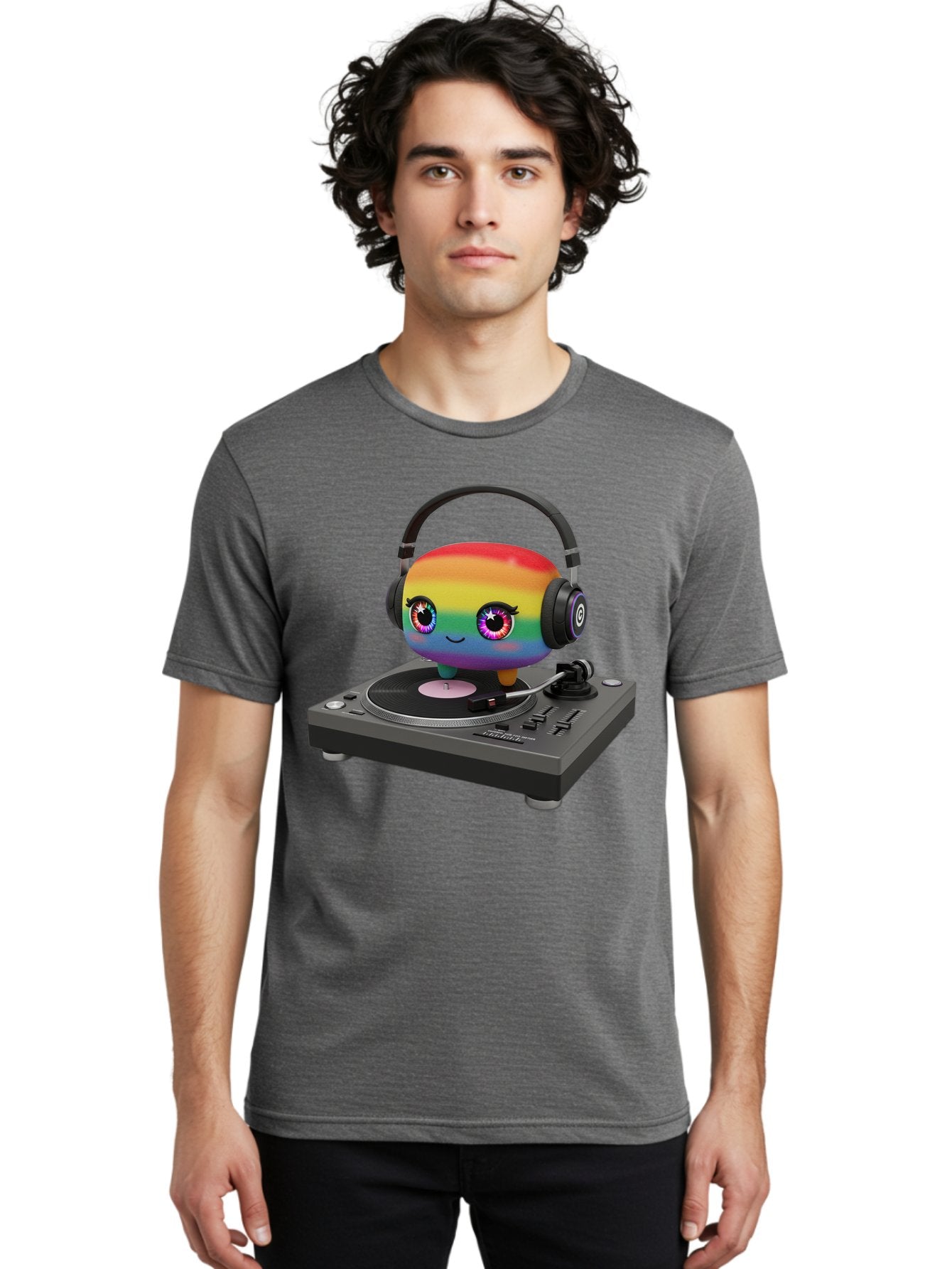 Rainbow-Kawaii-Dj Men'S Graphic Tee, 100% Cotton, Comfortable Casual Summer Wear, Machine Washable, Rainbow-Colored Emoji, Djing With Headphones, Vinyl Record Player, Music Production, Colorful Character, Playful Illustration, 3D Art, Bad469 27