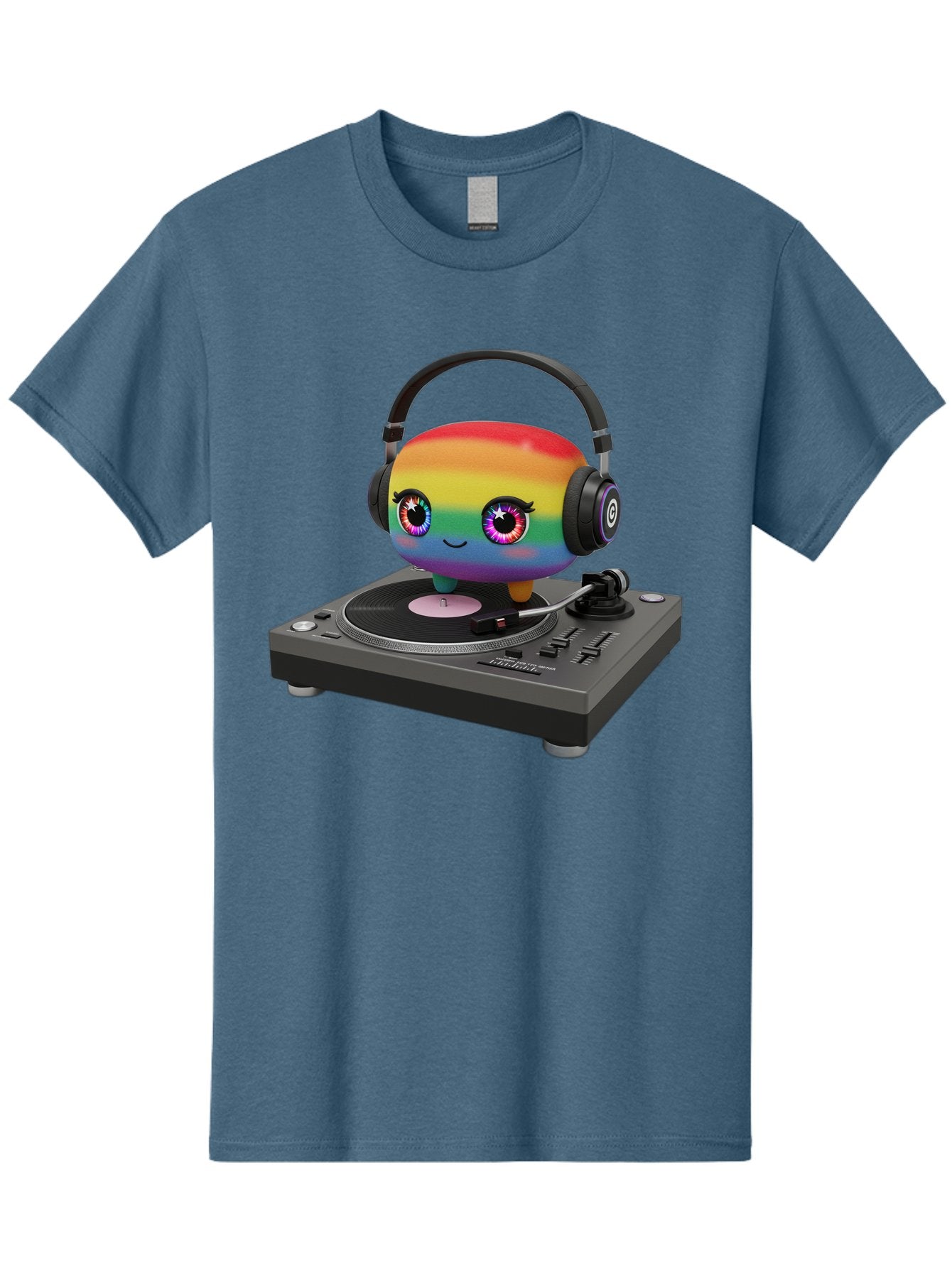 Rainbow-Kawaii-Dj Men'S Graphic Tee, 100% Cotton, Comfortable Casual Summer Wear, Machine Washable, Rainbow-Colored Emoji, Djing With Headphones, Vinyl Record Player, Music Production, Colorful Character, Playful Illustration, 3D Art, Bad469 8