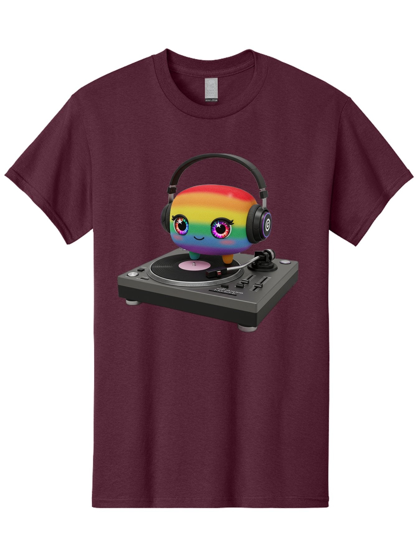 Rainbow-Kawaii-Dj Men'S Graphic Tee, 100% Cotton, Comfortable Casual Summer Wear, Machine Washable, Rainbow-Colored Emoji, Djing With Headphones, Vinyl Record Player, Music Production, Colorful Character, Playful Illustration, 3D Art, Bad469