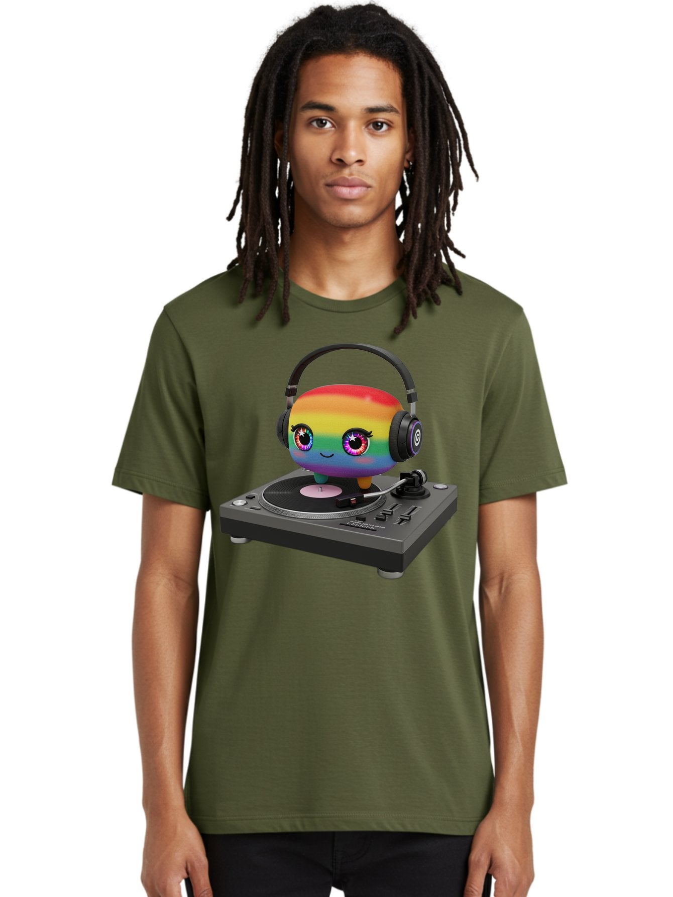 Rainbow-Kawaii-Dj Men'S Graphic Tee, 100% Cotton, Comfortable Casual Summer Wear, Machine Washable, Rainbow-Colored Emoji, Djing With Headphones, Vinyl Record Player, Music Production, Colorful Character, Playful Illustration, 3D Art, Bad469 26
