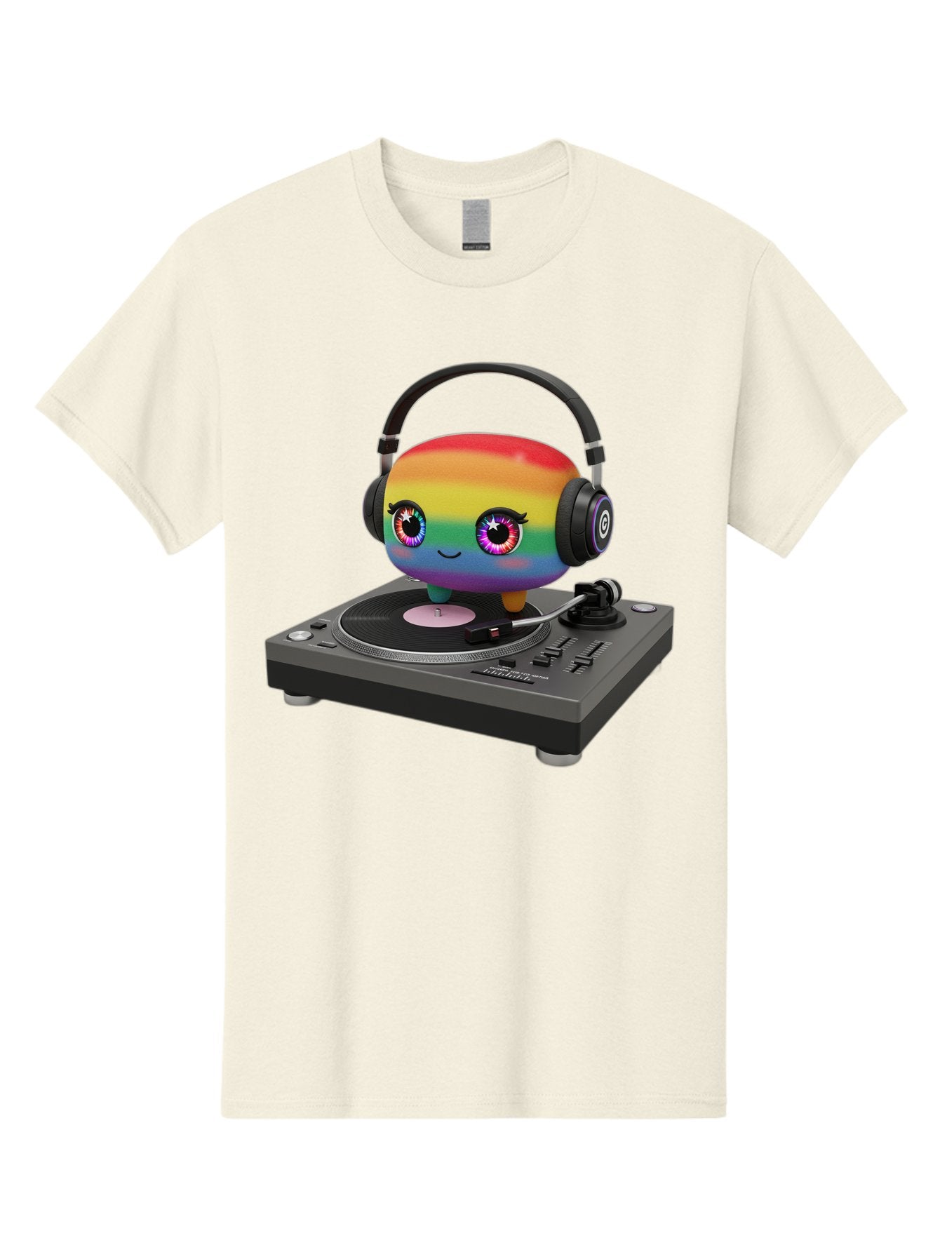 Rainbow-Kawaii-Dj Men'S Graphic Tee, 100% Cotton, Comfortable Casual Summer Wear, Machine Washable, Rainbow-Colored Emoji, Djing With Headphones, Vinyl Record Player, Music Production, Colorful Character, Playful Illustration, 3D Art, Bad469 3