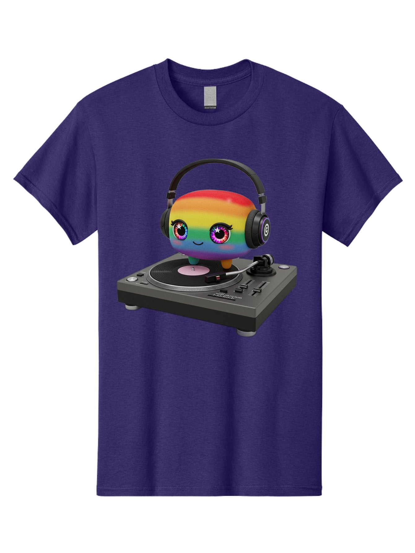 Rainbow-Kawaii-Dj Men'S Graphic Tee, 100% Cotton, Comfortable Casual Summer Wear, Machine Washable, Rainbow-Colored Emoji, Djing With Headphones, Vinyl Record Player, Music Production, Colorful Character, Playful Illustration, 3D Art, Bad469 7