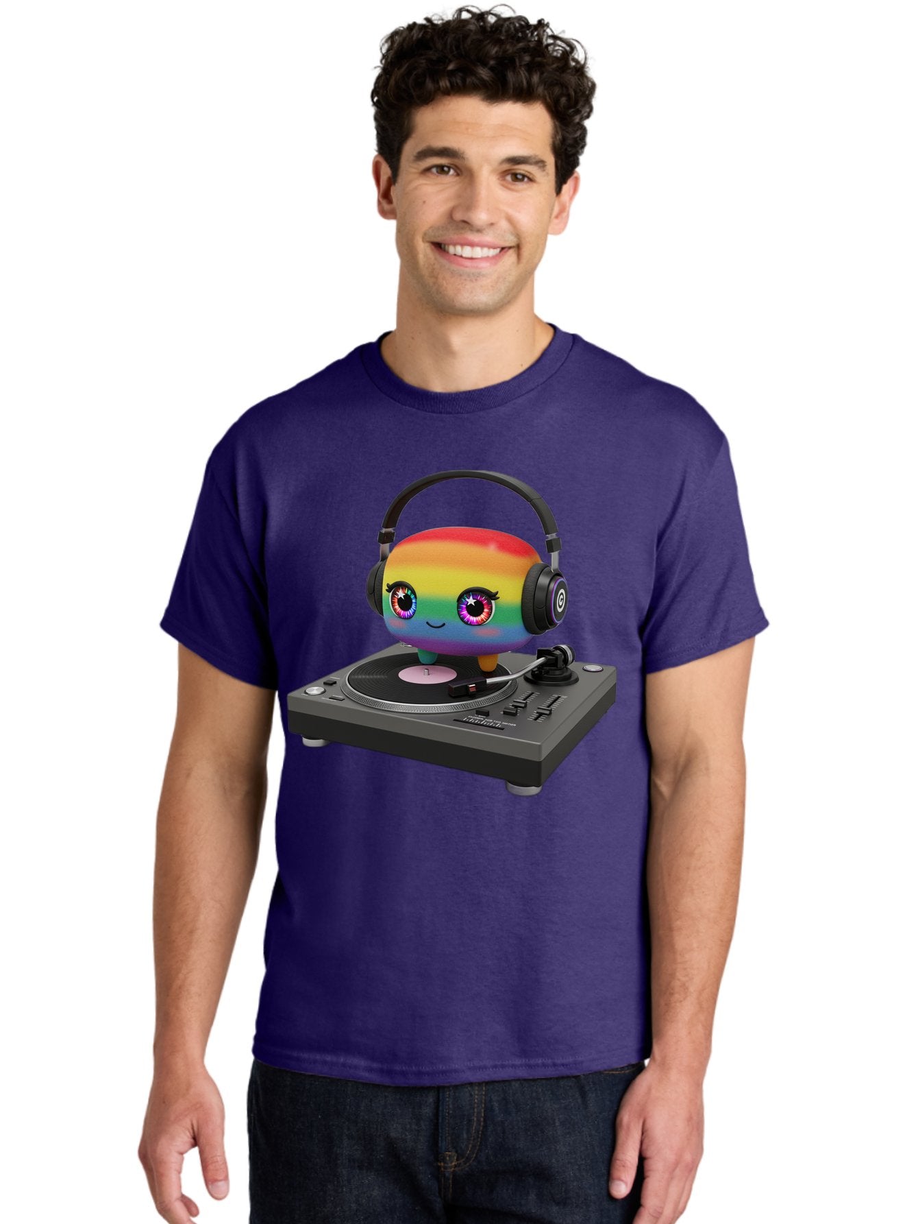 Rainbow-Kawaii-Dj Men'S Graphic Tee, 100% Cotton, Comfortable Casual Summer Wear, Machine Washable, Rainbow-Colored Emoji, Djing With Headphones, Vinyl Record Player, Music Production, Colorful Character, Playful Illustration, 3D Art, Bad469 16