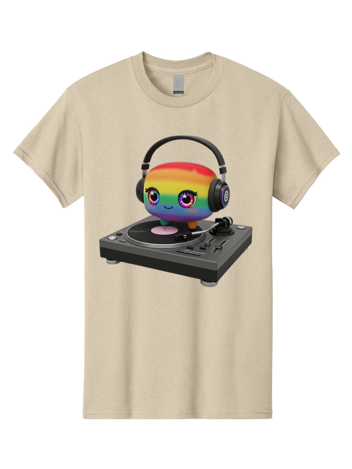 Rainbow-Kawaii-Dj Men'S Graphic Tee, 100% Cotton, Comfortable Casual Summer Wear, Machine Washable, Rainbow-Colored Emoji, Djing With Headphones, Vinyl Record Player, Music Production, Colorful Character, Playful Illustration, 3D Art, Bad469 6