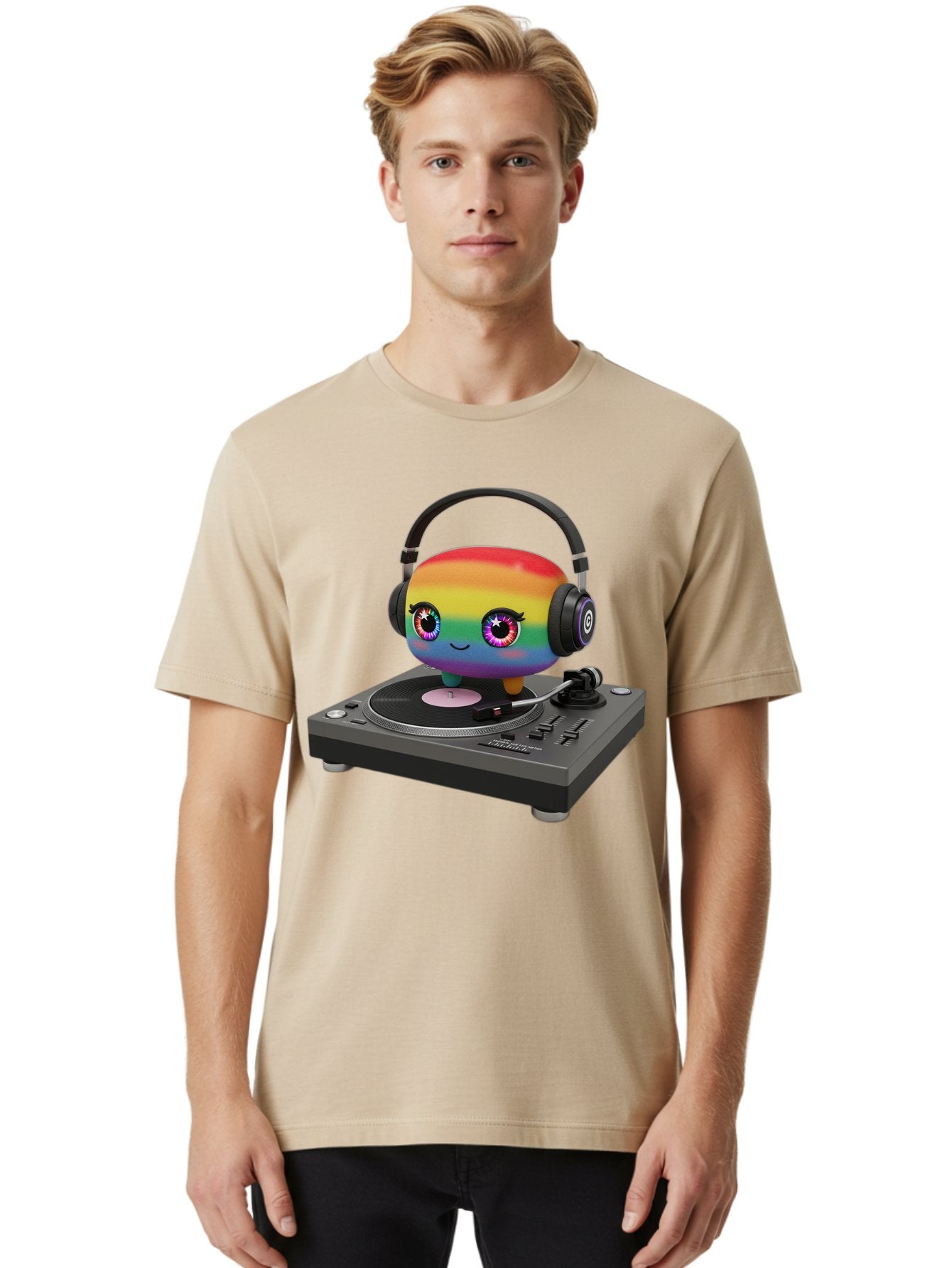 Rainbow-Kawaii-Dj Men'S Graphic Tee, 100% Cotton, Comfortable Casual Summer Wear, Machine Washable, Rainbow-Colored Emoji, Djing With Headphones, Vinyl Record Player, Music Production, Colorful Character, Playful Illustration, 3D Art, Bad469 24