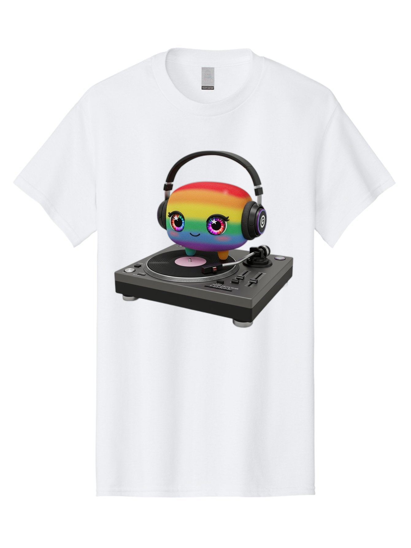 Rainbow-Kawaii-Dj Men'S Graphic Tee, 100% Cotton, Comfortable Casual Summer Wear, Machine Washable, Rainbow-Colored Emoji, Djing With Headphones, Vinyl Record Player, Music Production, Colorful Character, Playful Illustration, 3D Art, Bad469 10