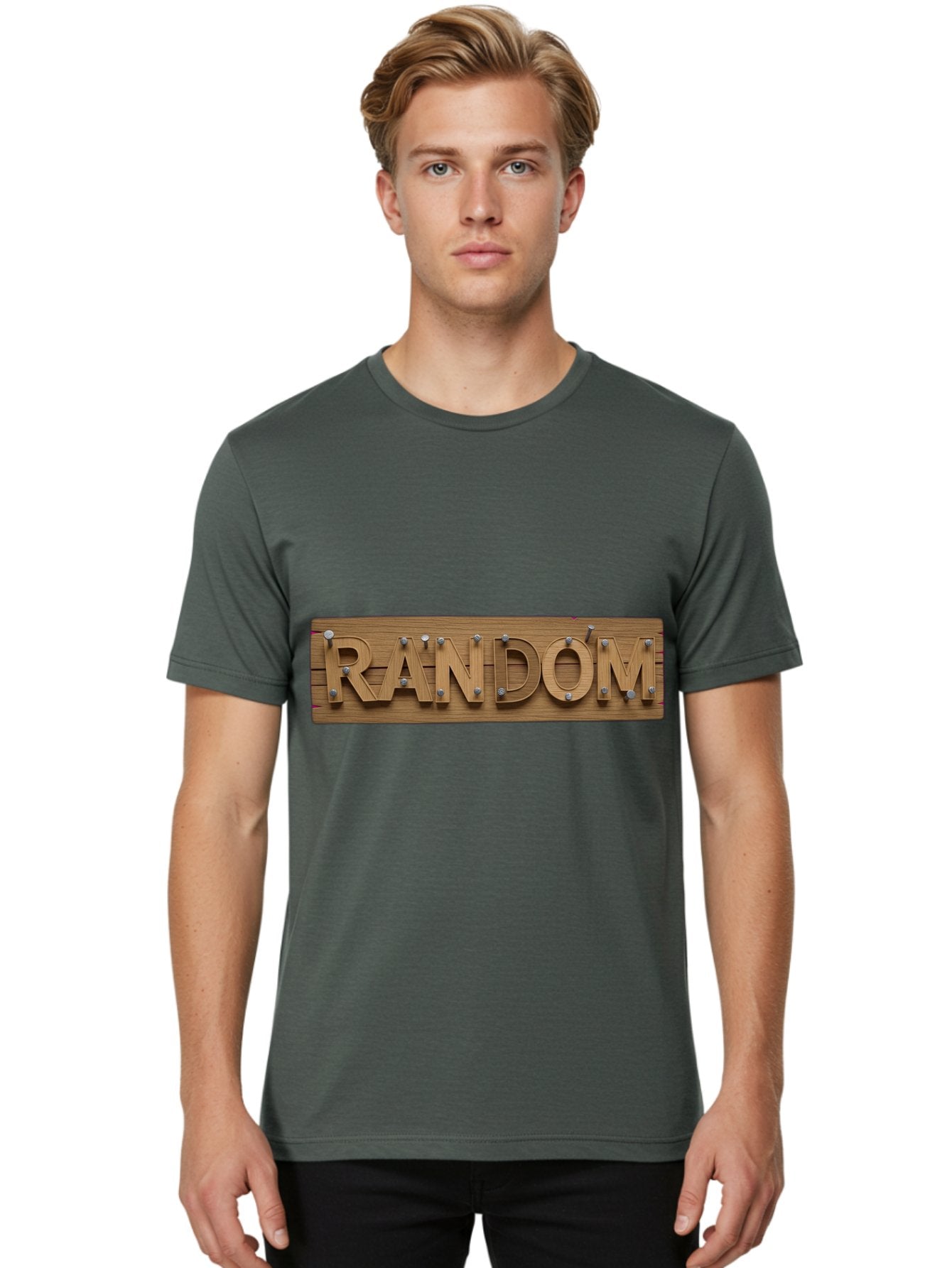 Random Men'S Graphic Tee, 100% Cotton, Comfortable Casual Summer Wear, Machine Washable, Wooden Sign, 3D Text, Random Word, Abstract Concept, Creative Design, Modern Art, Unusual Typography, Wooden Texture, Metal Bolts Bad470 22