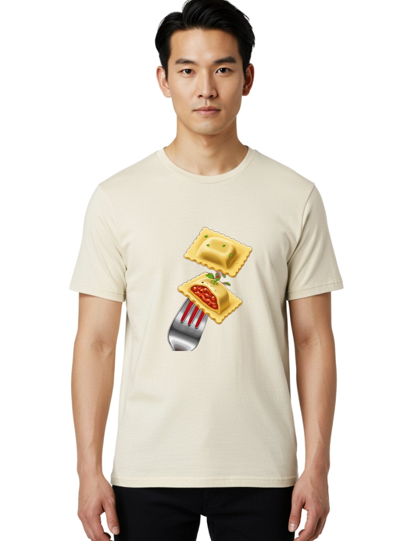Ravioli Men'S Graphic Tee, 100% Cotton, Comfortable Casual Summer Wear, Machine Washable, Ravioli On Fork, Pasta Dish, Italian Cuisine, Stuffed Pasta, Red Sauce, Green Herbs, Culinary Art, Food Illustration, Gourmet Meal Bad472 22