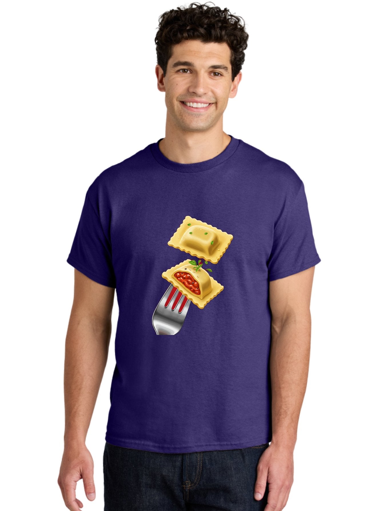 Ravioli Men'S Graphic Tee, 100% Cotton, Comfortable Casual Summer Wear, Machine Washable, Ravioli On Fork, Pasta Dish, Italian Cuisine, Stuffed Pasta, Red Sauce, Green Herbs, Culinary Art, Food Illustration, Gourmet Meal Bad472 24