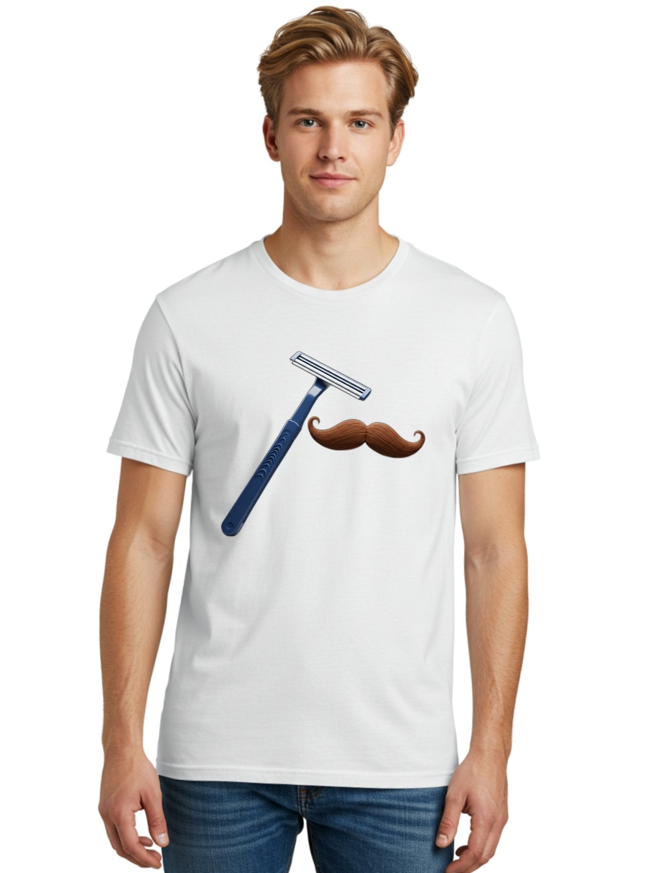 Razor-And-Mustache Men'S Graphic Tee, 100% Cotton, Comfortable Casual Summer Wear, Machine Washable, Safety Razor, Shaving Razor, Men'S Grooming, Facial Hair, Mustache, Blue Handle, Silver Head, Grooming Tools, Personal Care Bad474 29