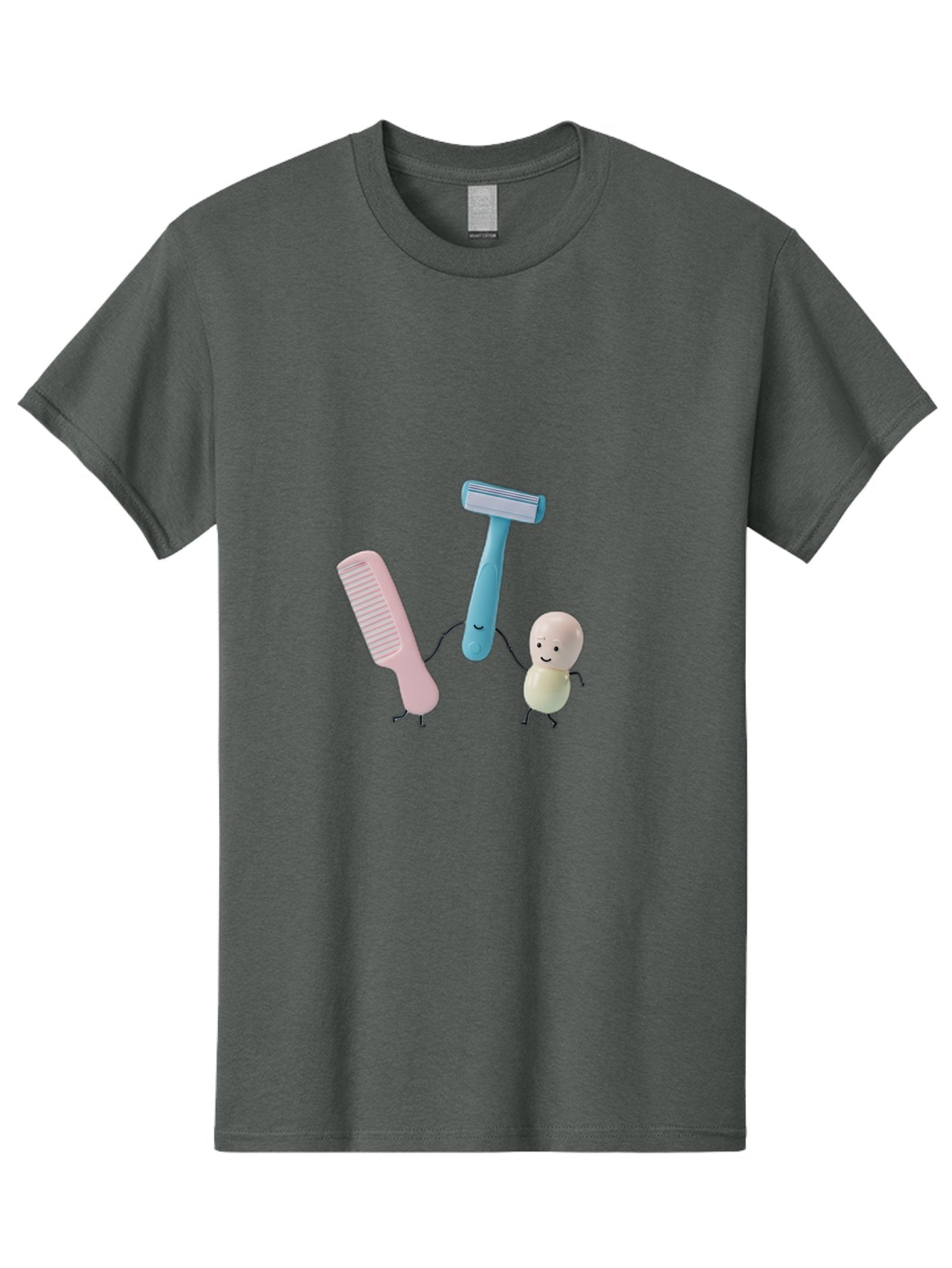 Razor-Comb-And-Egg Men'S Graphic Tee, 100% Cotton, Comfortable Casual Summer Wear, Machine Washable, Shaving, Grooming, Personal Care, Cartoon Characters, Pink Comb, Blue Razor, Smiling Egg, Cute Scene, Hygiene Products, Funny Illustration Bad476 12