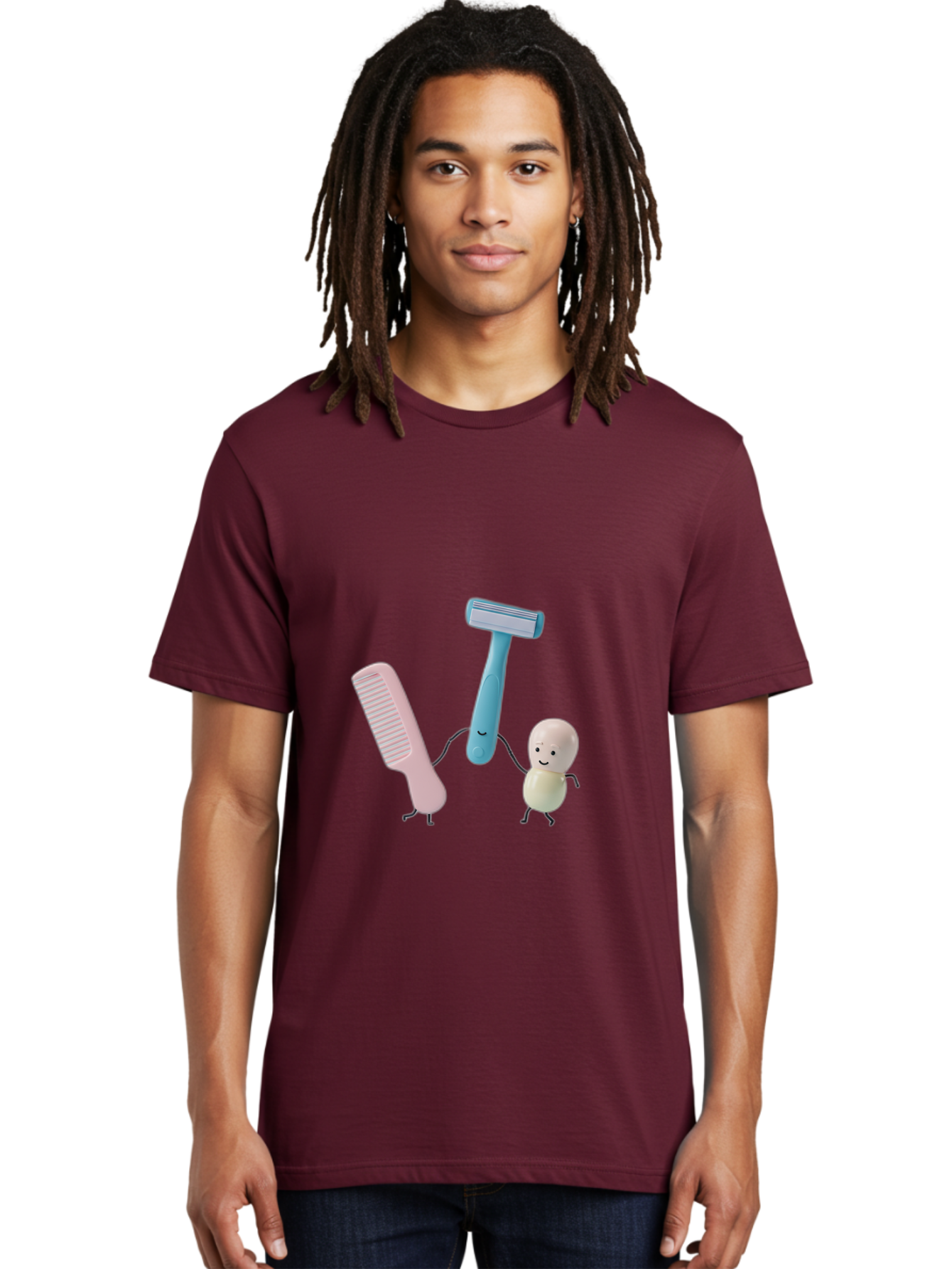 Razor-Comb-And-Egg Men'S Graphic Tee, 100% Cotton, Comfortable Casual Summer Wear, Machine Washable, Shaving, Grooming, Personal Care, Cartoon Characters, Pink Comb, Blue Razor, Smiling Egg, Cute Scene, Hygiene Products, Funny Illustration Bad476 28