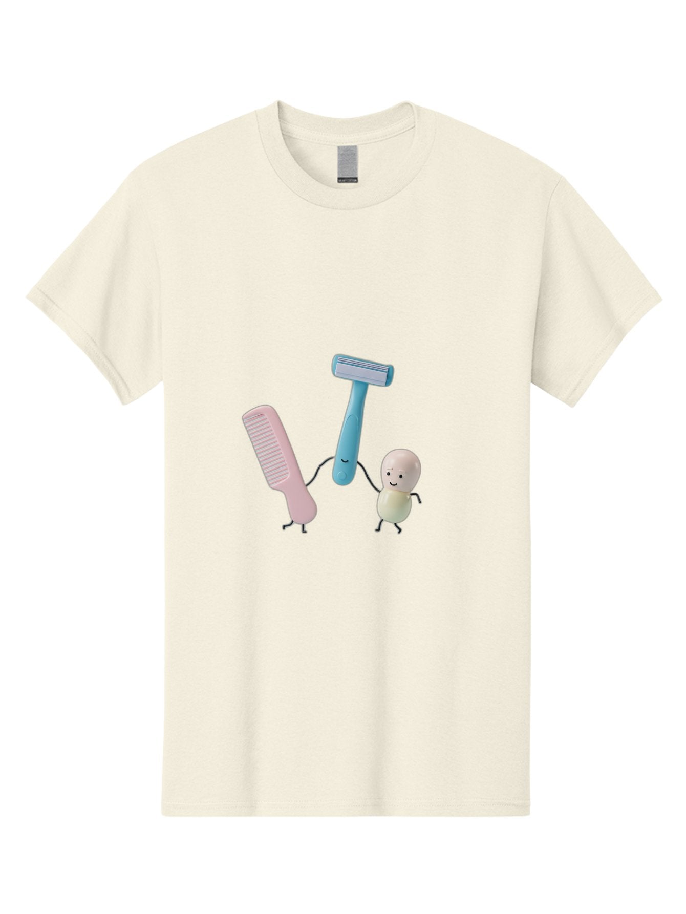 Razor-Comb-And-Egg Men'S Graphic Tee, 100% Cotton, Comfortable Casual Summer Wear, Machine Washable, Shaving, Grooming, Personal Care, Cartoon Characters, Pink Comb, Blue Razor, Smiling Egg, Cute Scene, Hygiene Products, Funny Illustration Bad476 8