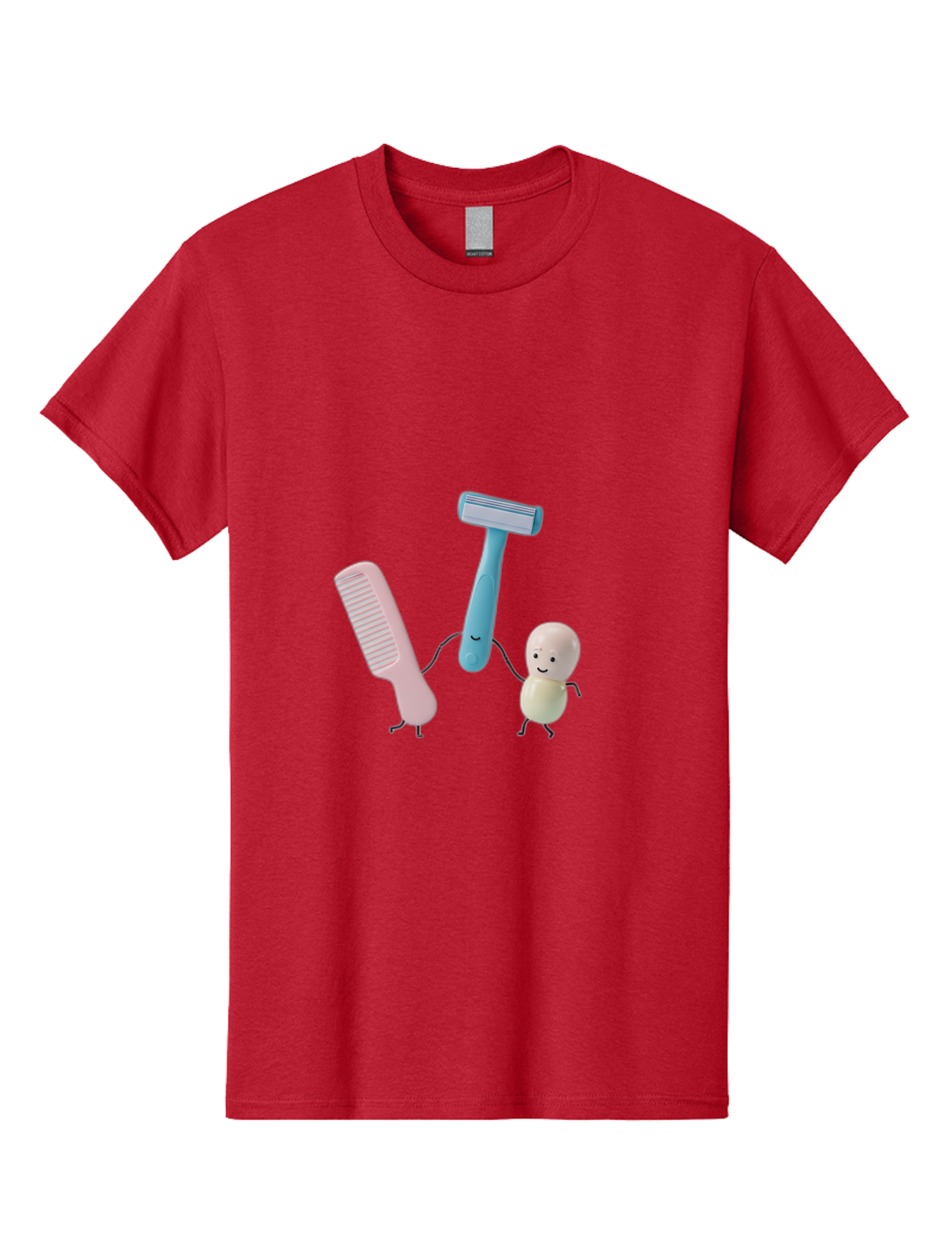 Razor-Comb-And-Egg Men'S Graphic Tee, 100% Cotton, Comfortable Casual Summer Wear, Machine Washable, Shaving, Grooming, Personal Care, Cartoon Characters, Pink Comb, Blue Razor, Smiling Egg, Cute Scene, Hygiene Products, Funny Illustration Bad476