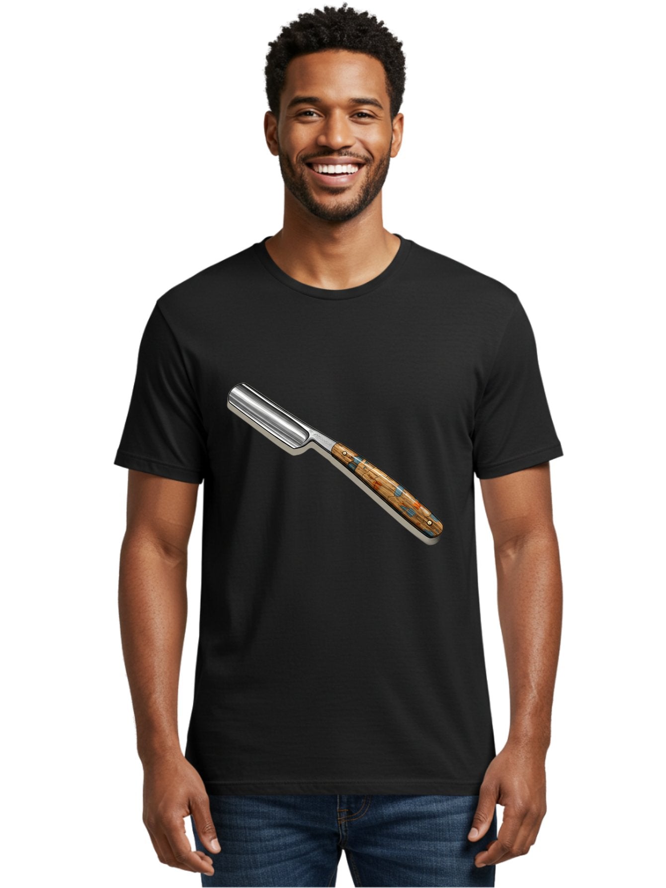 Razor Men'S Graphic Tee, 100% Cotton, Comfortable Casual Summer Wear, Machine Washable, Vintage Straight Razor, Sharp Blade, Wooden Handle, Traditional Shaving, Classic Grooming Tool, Men'S Grooming, Barber Shop Essentials, Close Shave Bad480 23