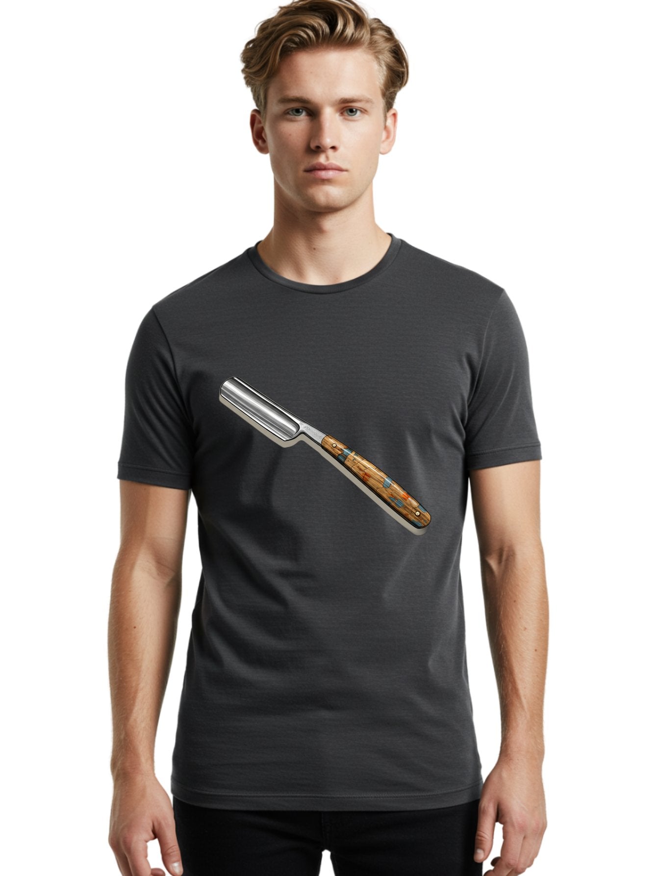 Razor Men'S Graphic Tee, 100% Cotton, Comfortable Casual Summer Wear, Machine Washable, Vintage Straight Razor, Sharp Blade, Wooden Handle, Traditional Shaving, Classic Grooming Tool, Men'S Grooming, Barber Shop Essentials, Close Shave Bad480 25