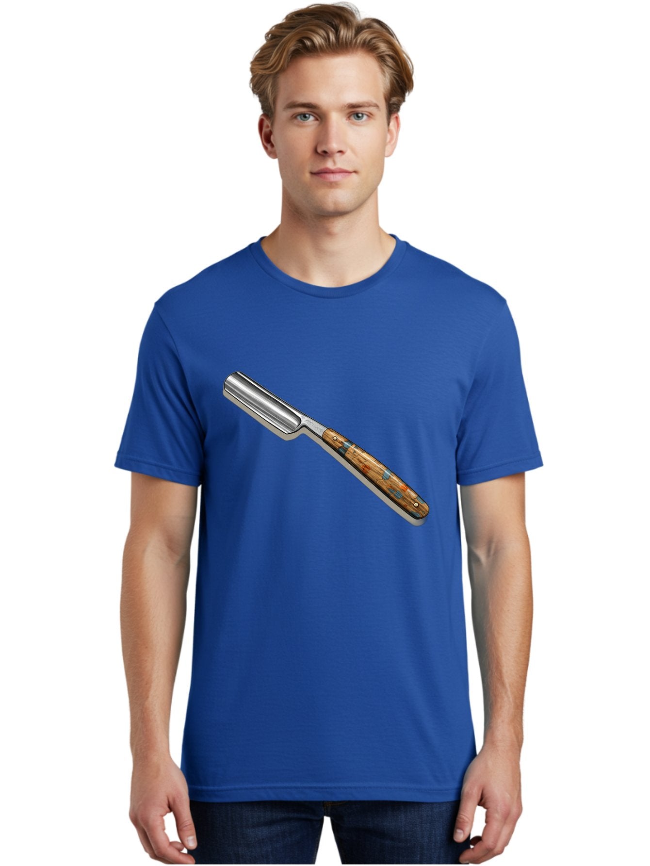 Razor Men'S Graphic Tee, 100% Cotton, Comfortable Casual Summer Wear, Machine Washable, Vintage Straight Razor, Sharp Blade, Wooden Handle, Traditional Shaving, Classic Grooming Tool, Men'S Grooming, Barber Shop Essentials, Close Shave Bad480 22